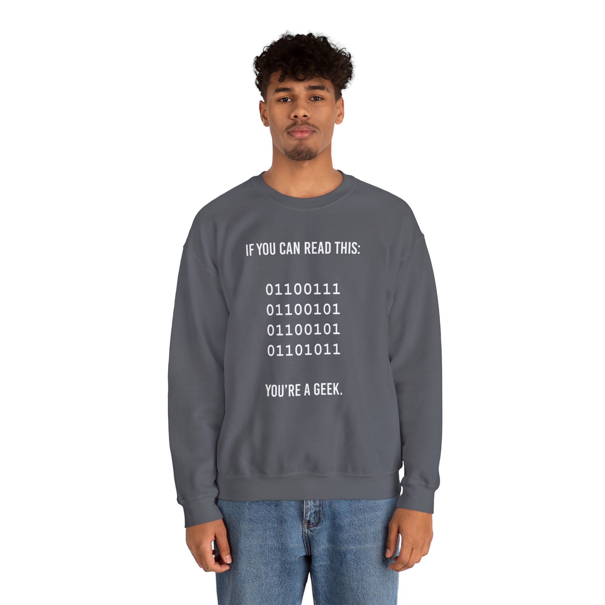 Geek Binary Code crewneck sweatshirt in Charcoal, worn by a model, second view
