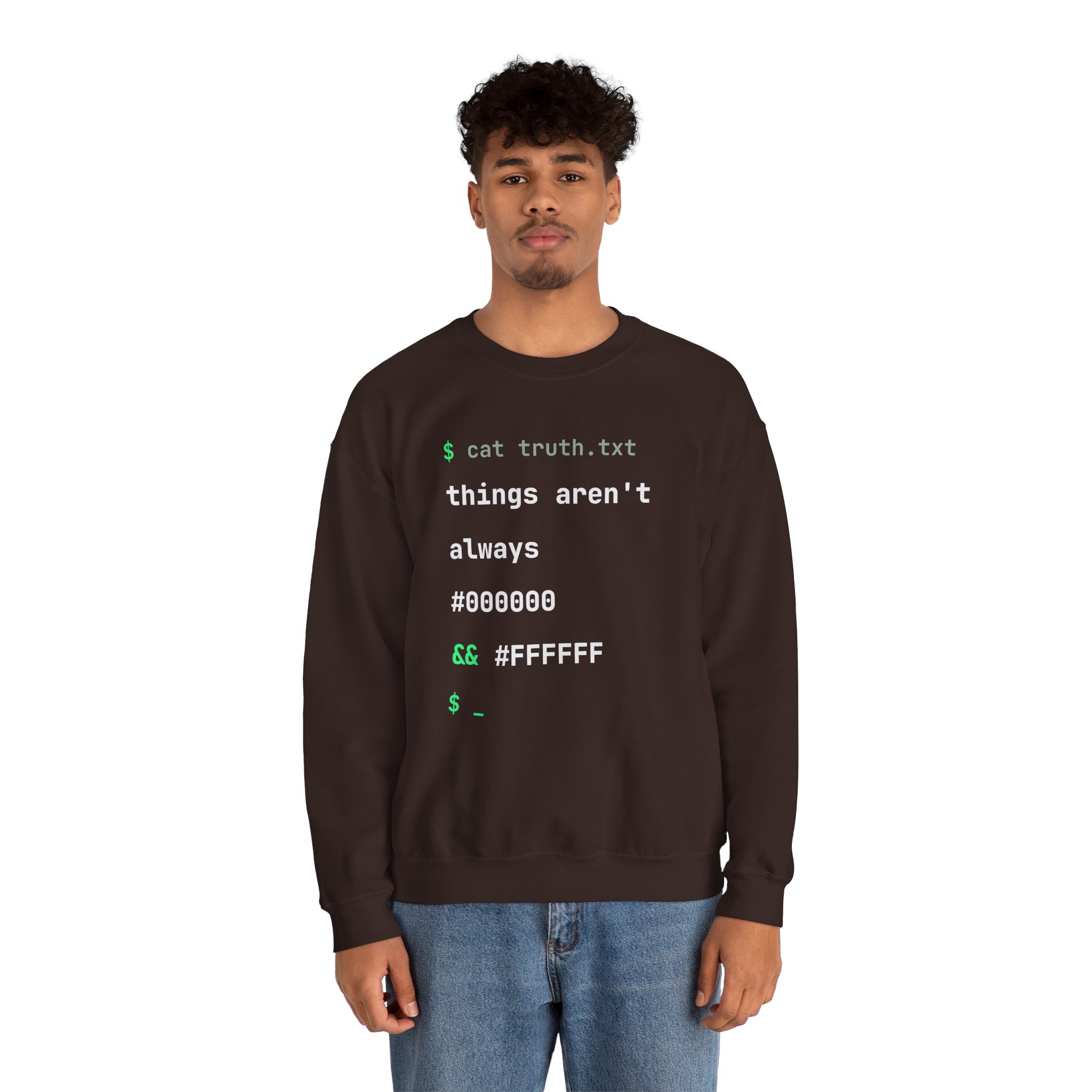 cat truth.txt crewneck sweatshirt in Dark Chocolate, worn by a model, second view