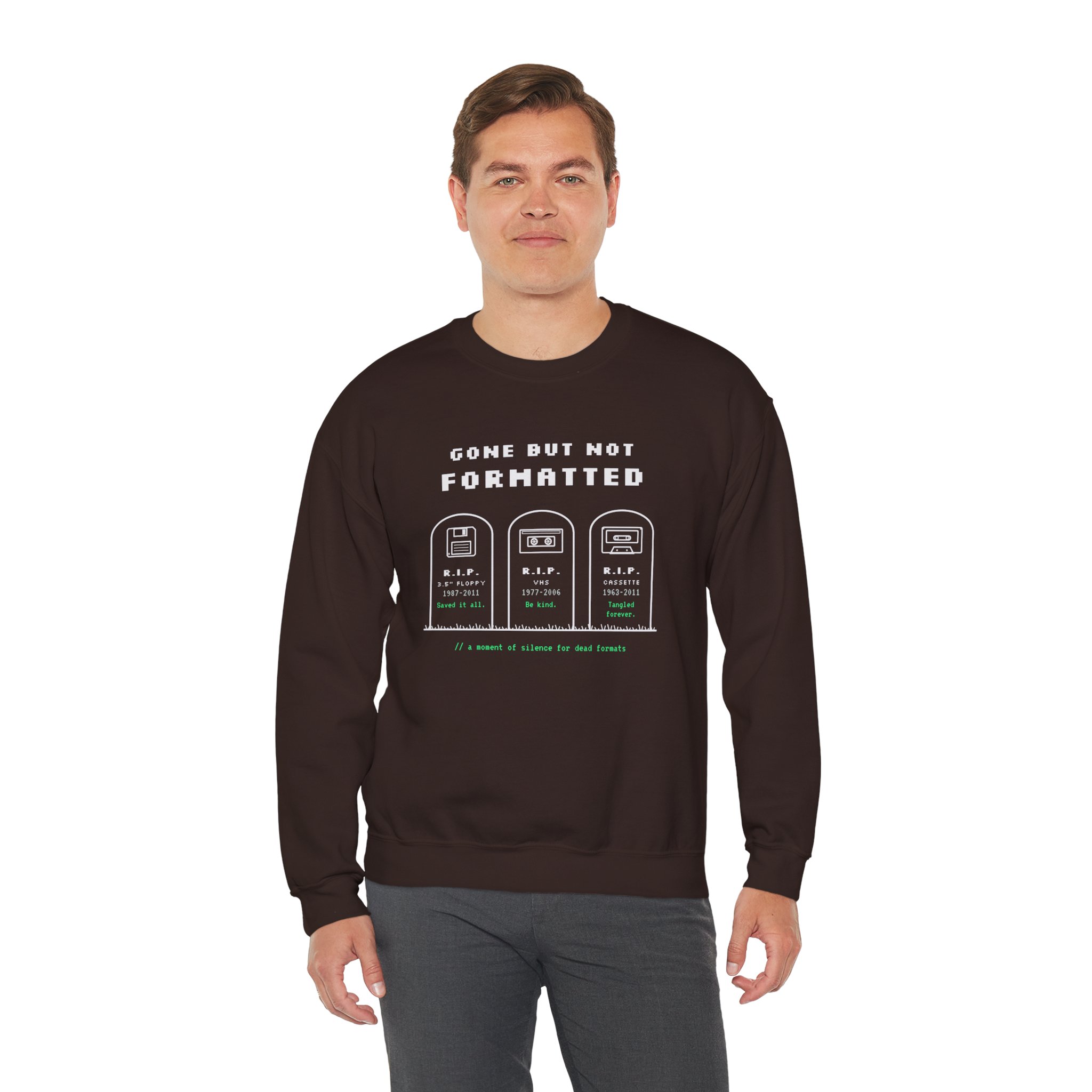 Gone But Not Formatted crewneck sweatshirt in Dark Chocolate, worn by a model, third view
