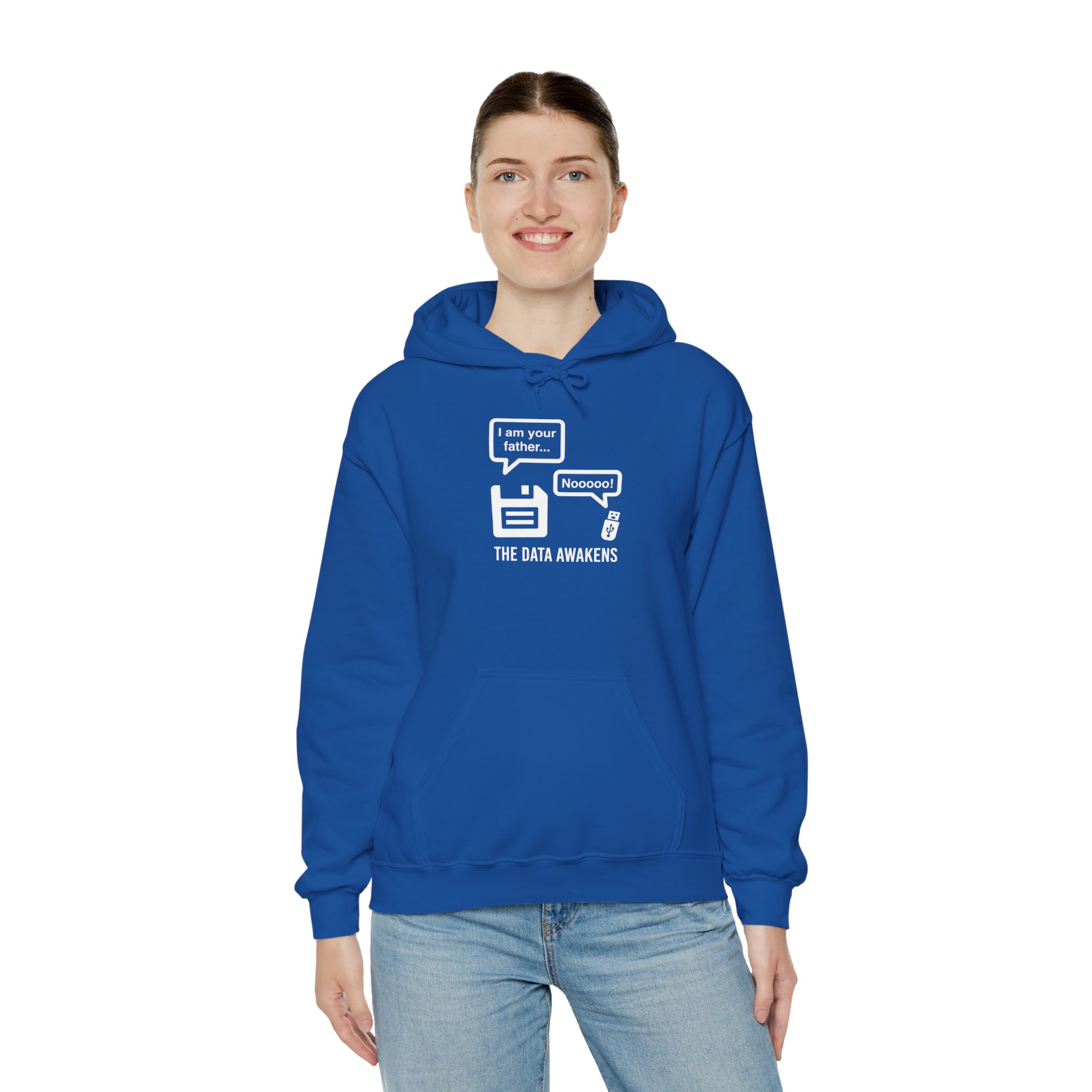 The Data Awakens hoodie in Royal, worn by a model, third view