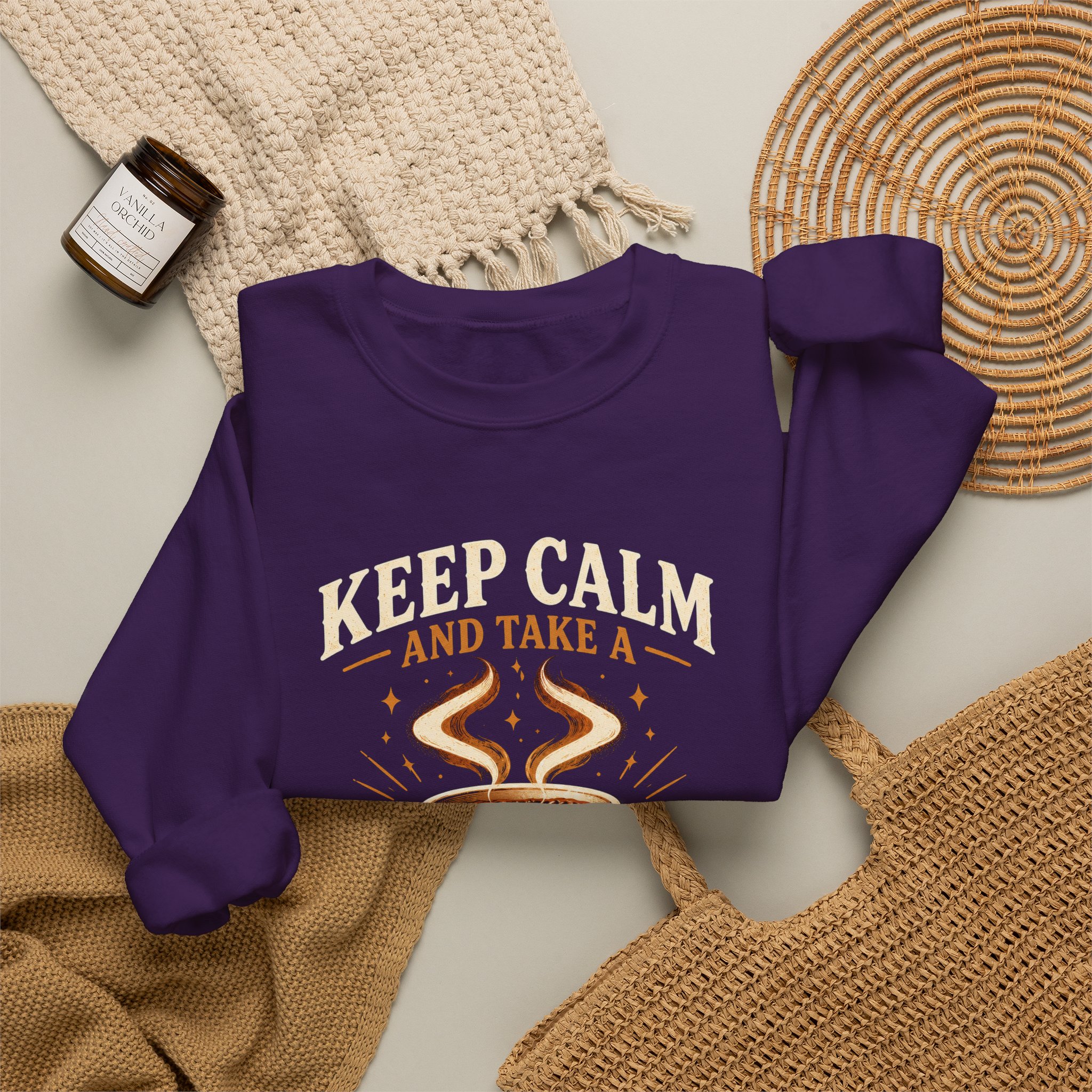 Keep Calm Coffee Break crewneck sweatshirt in Purple, folded 2