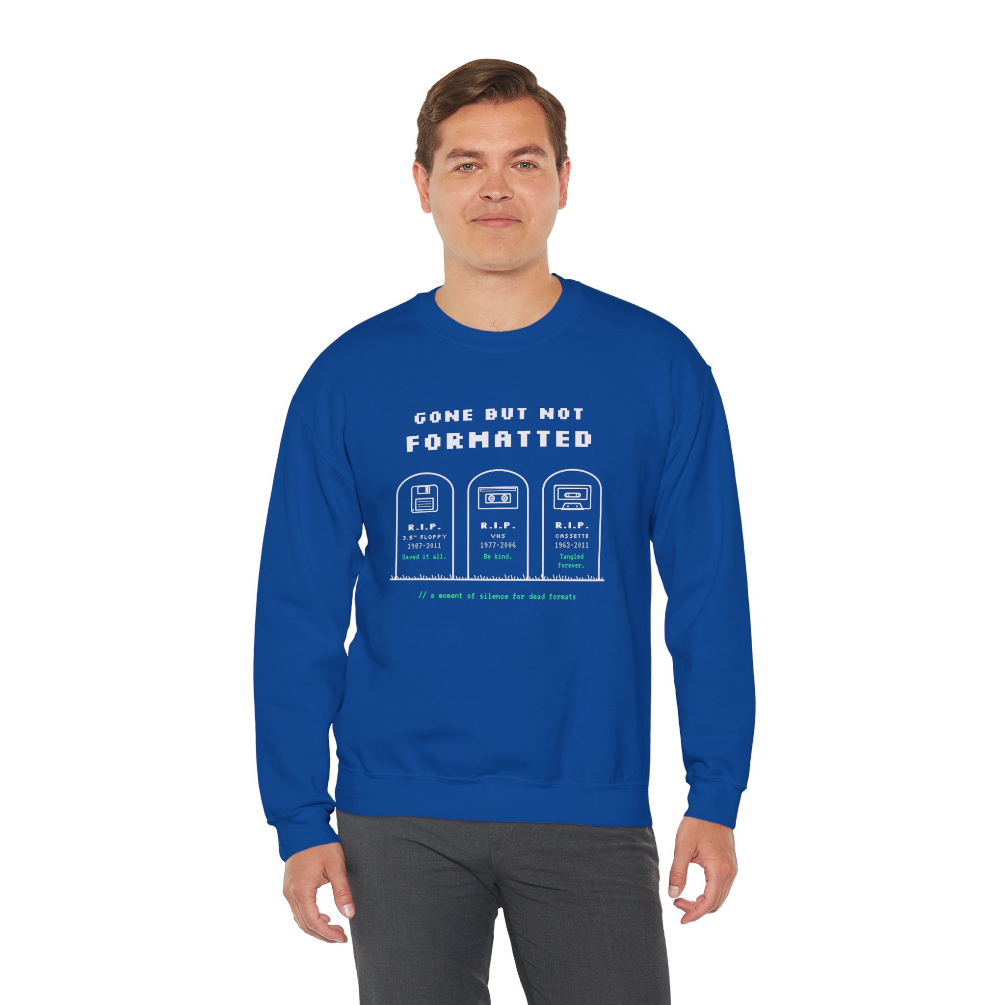 Gone But Not Formatted crewneck sweatshirt in Royal, worn by a model, third view