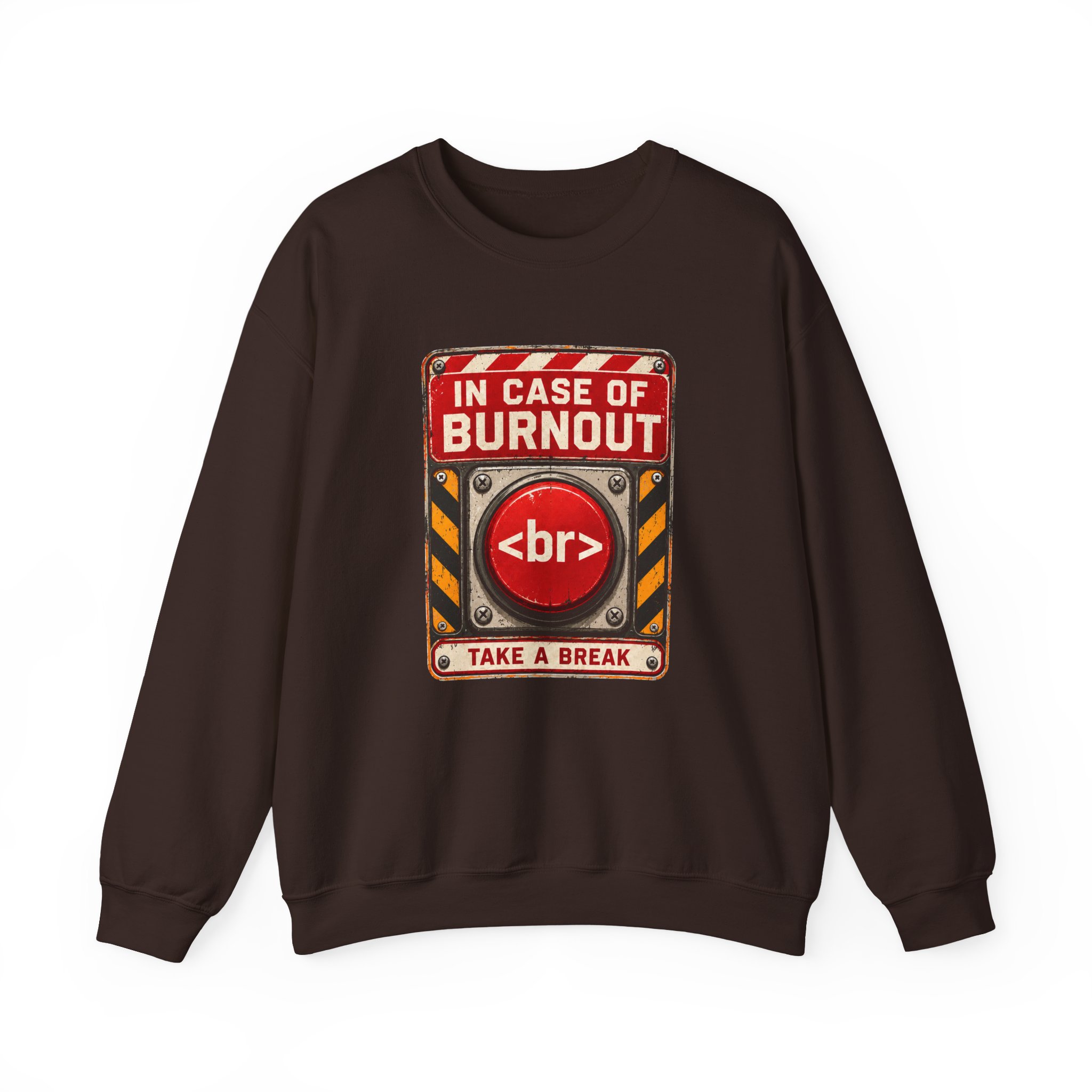In Case of Burnout crewneck sweatshirt in Dark Chocolate, front view