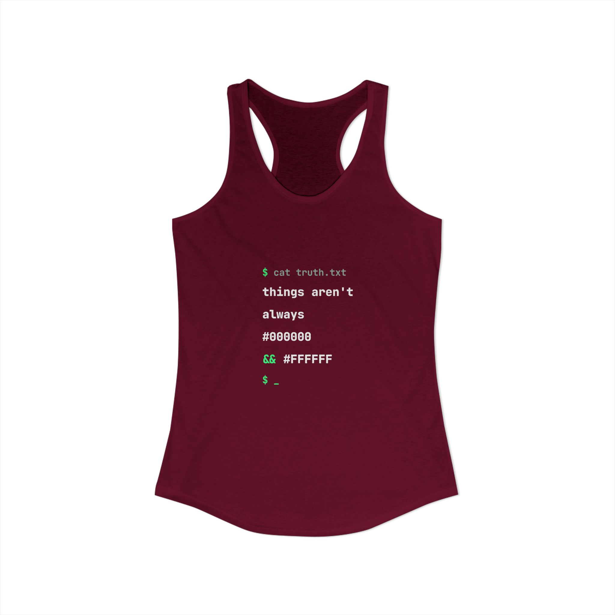 cat truth.txt women's racerback tank in Solid Cardinal Red, front view