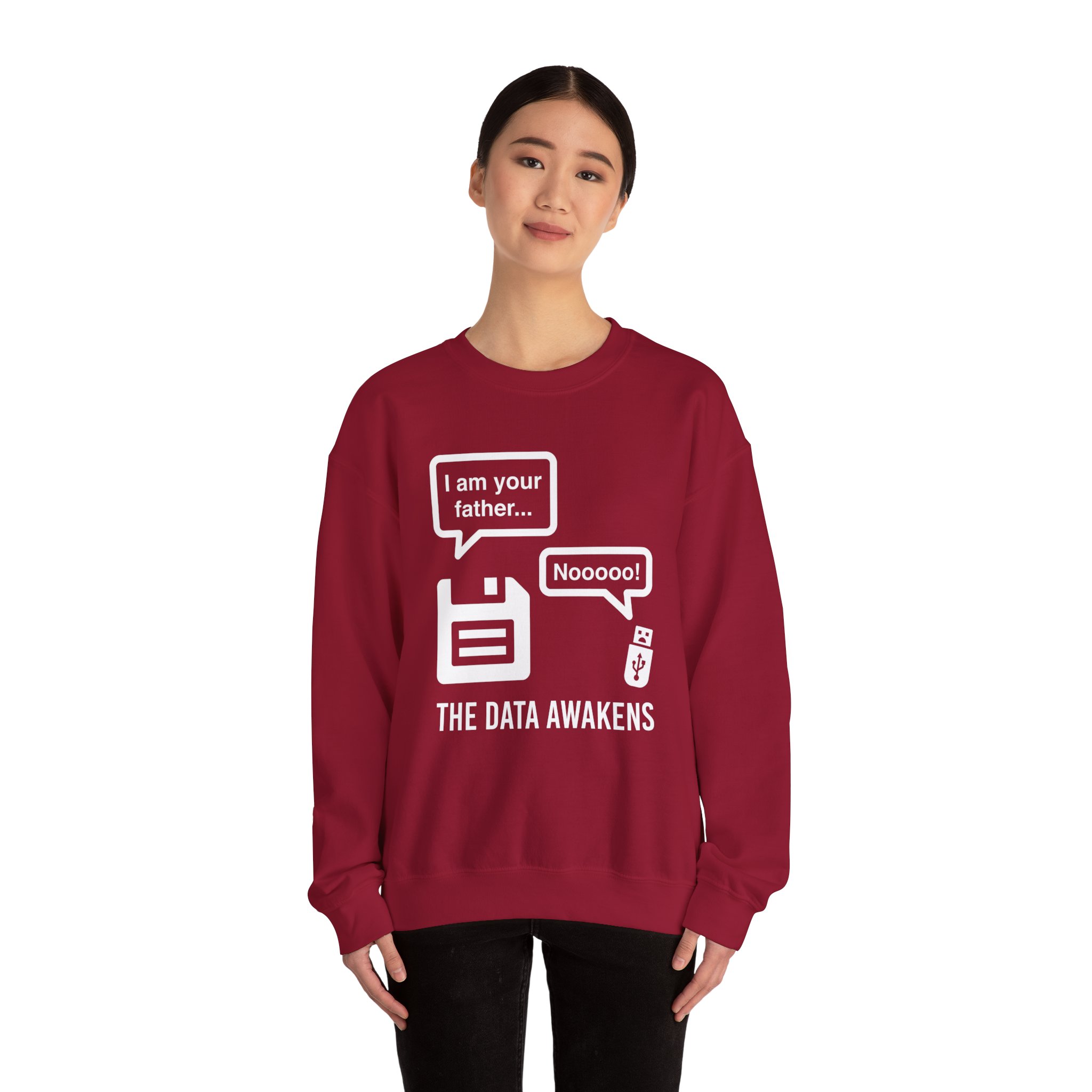 The Data Awakens crewneck sweatshirt in Cardinal Red, worn by a model