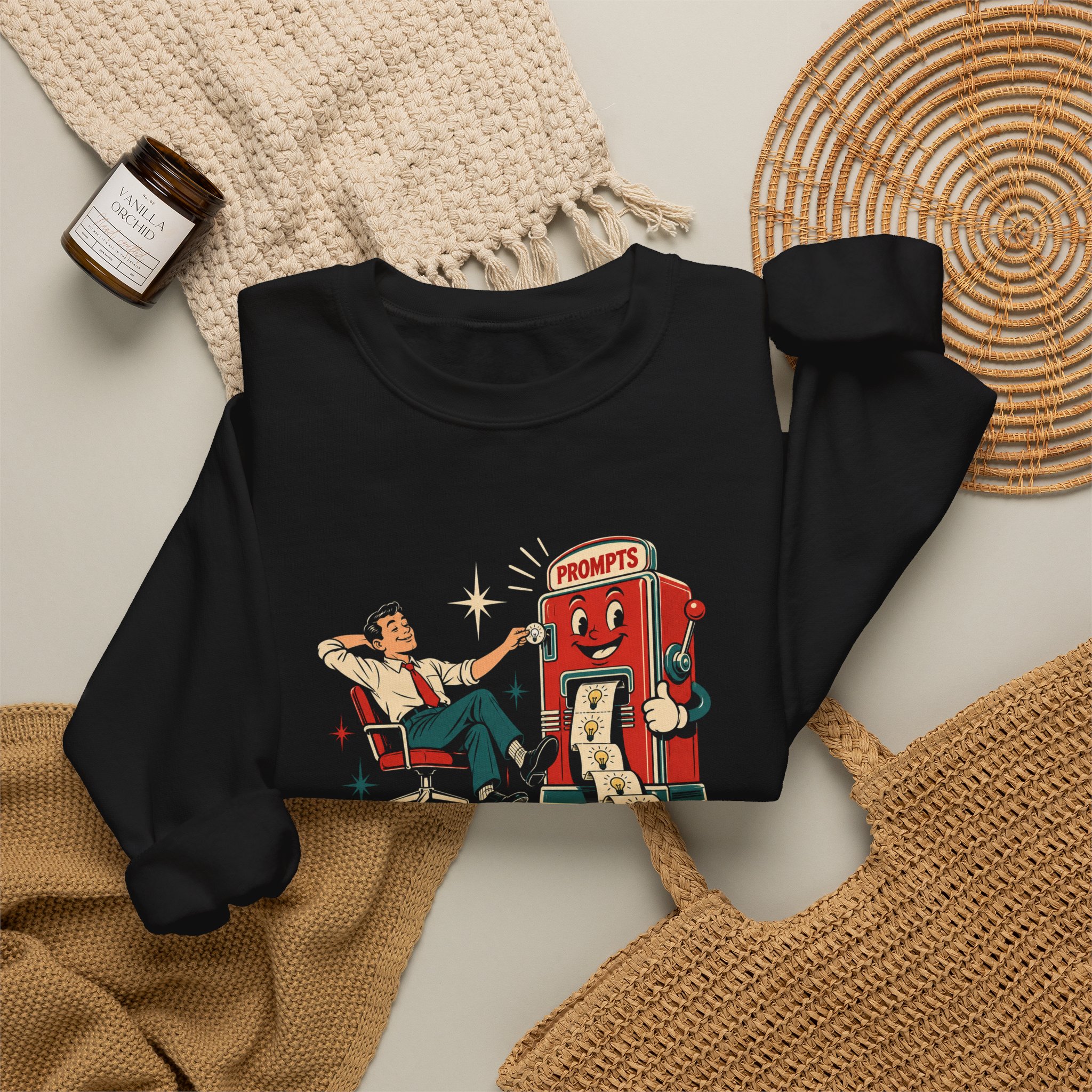 Prompt Machine crewneck sweatshirt in Black, folded 2