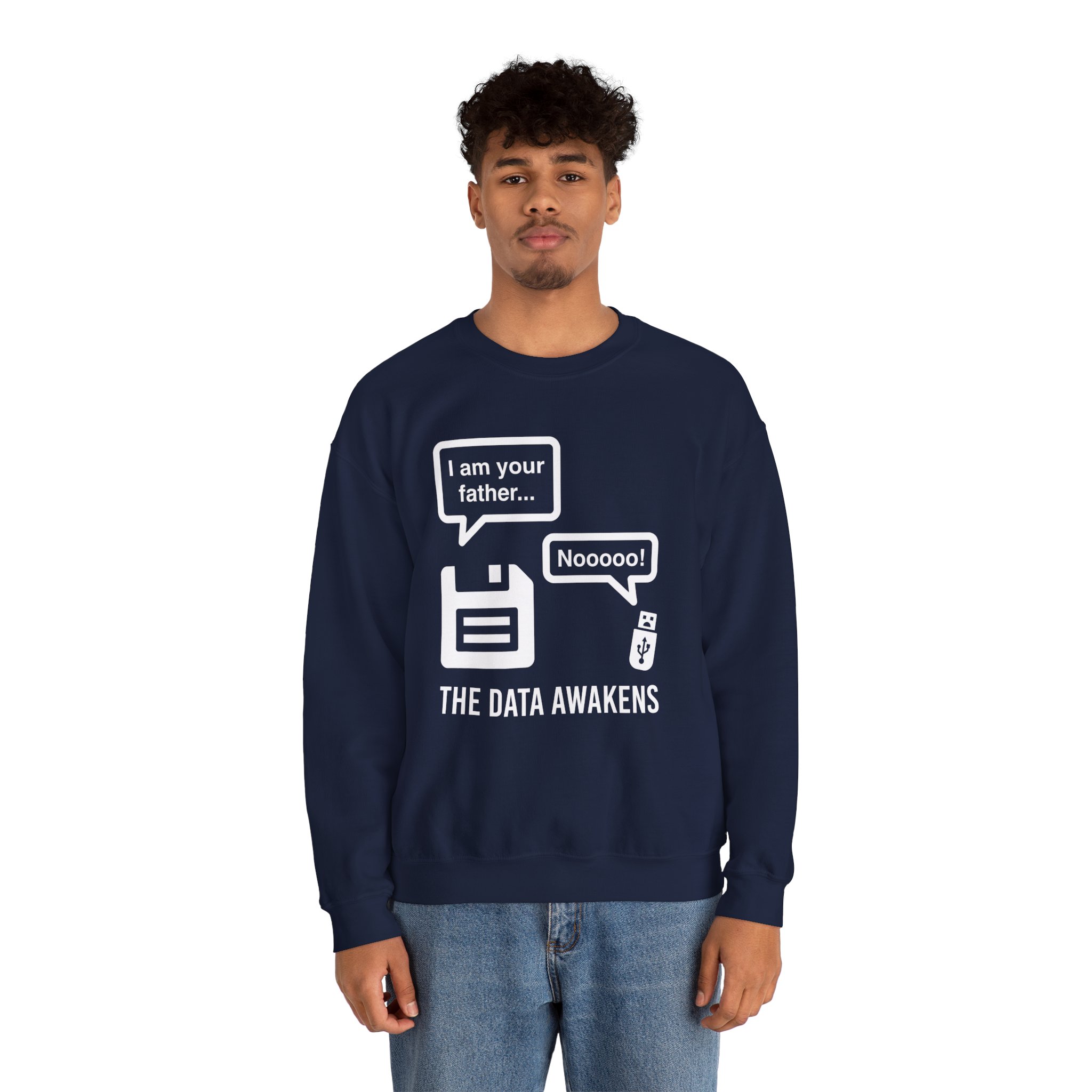 The Data Awakens crewneck sweatshirt in Navy, worn by a model, second view