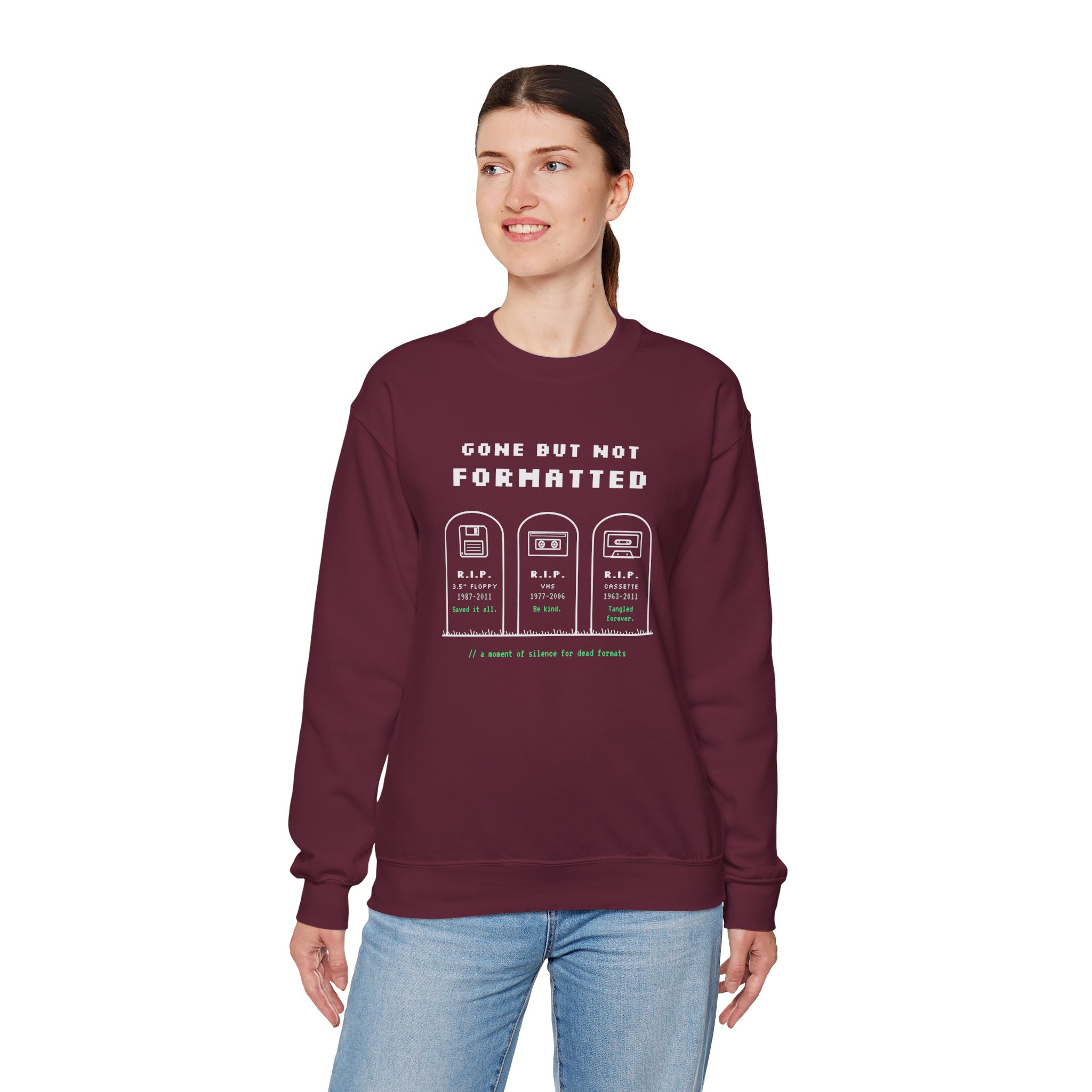 Gone But Not Formatted crewneck sweatshirt in Maroon, worn by a model, fourth view