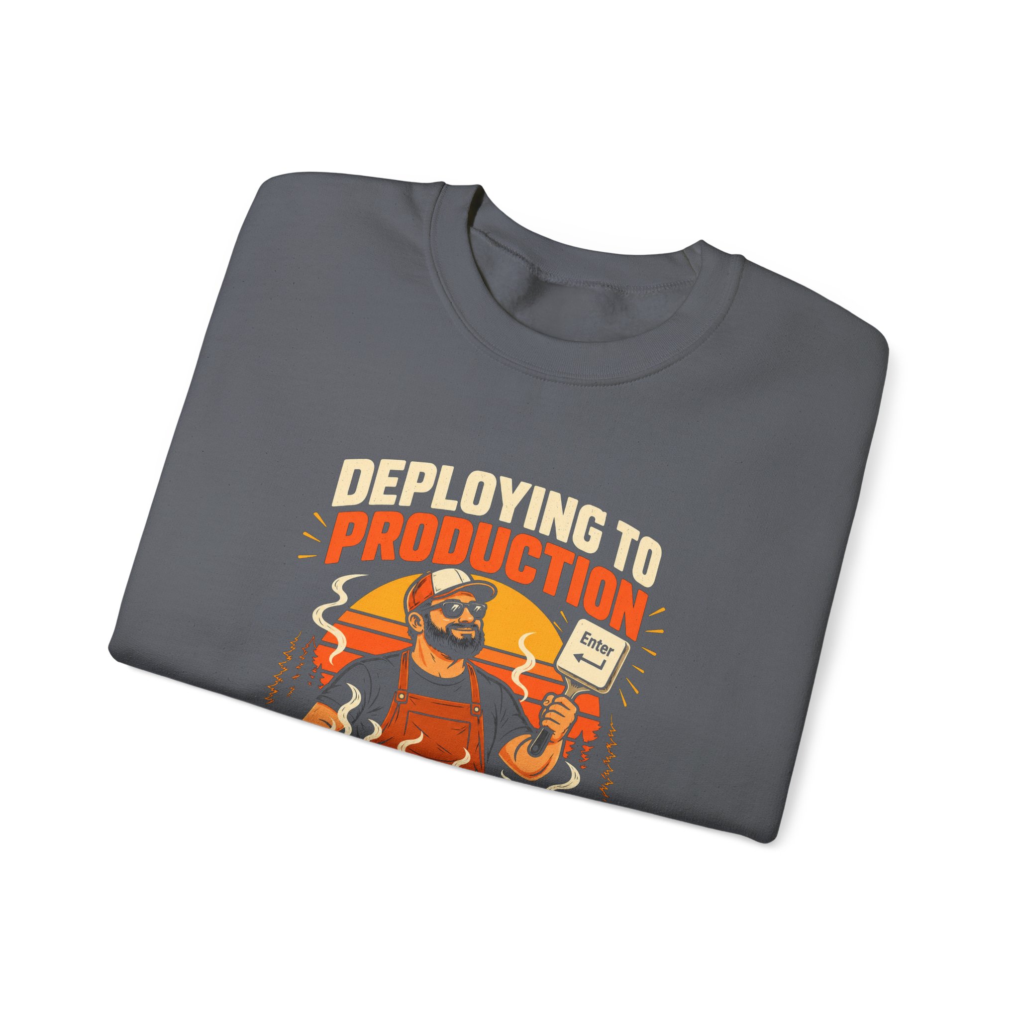 Deploying to Production crewneck sweatshirt in Charcoal, folded