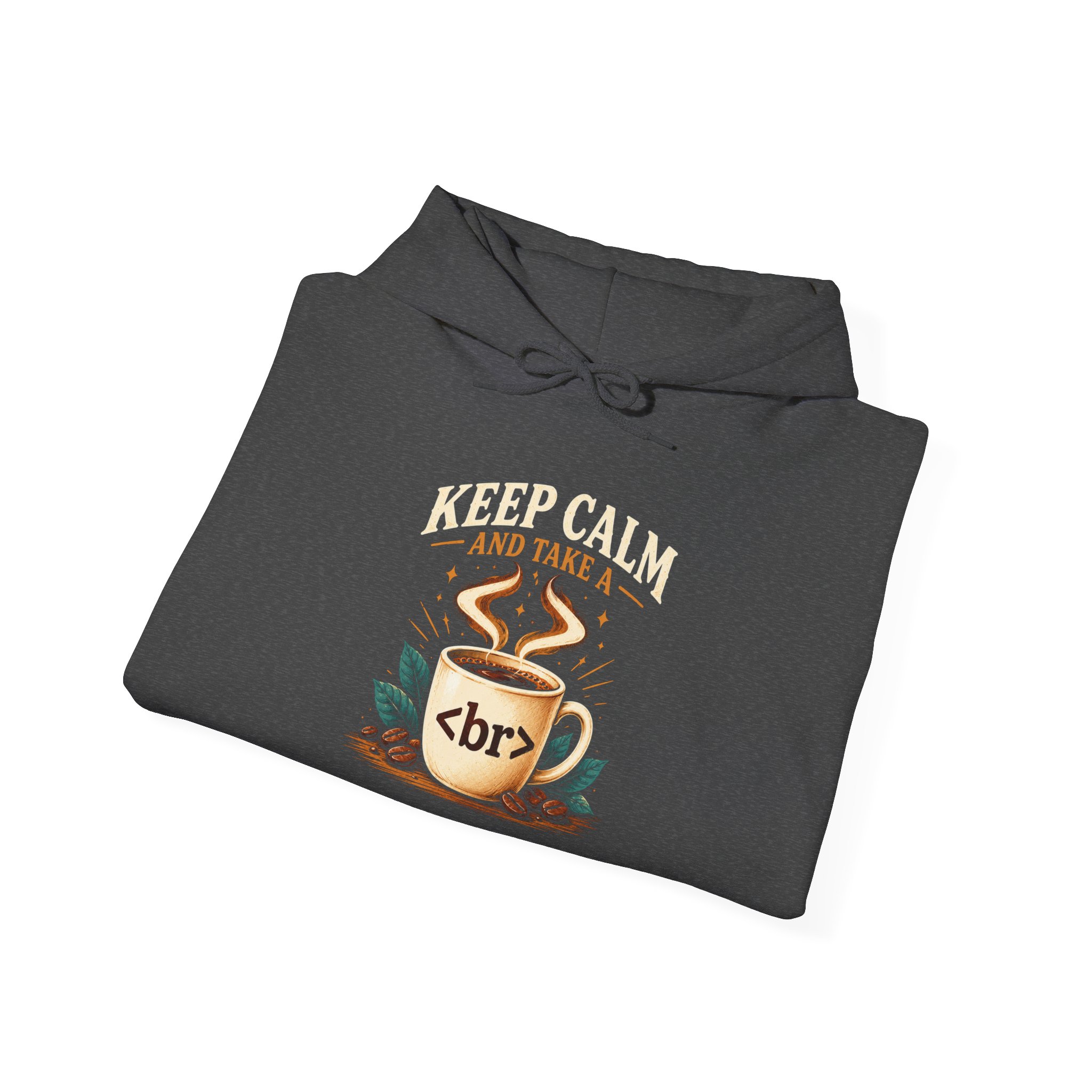 Keep Calm Coffee Break hoodie in Dark Heather, folded