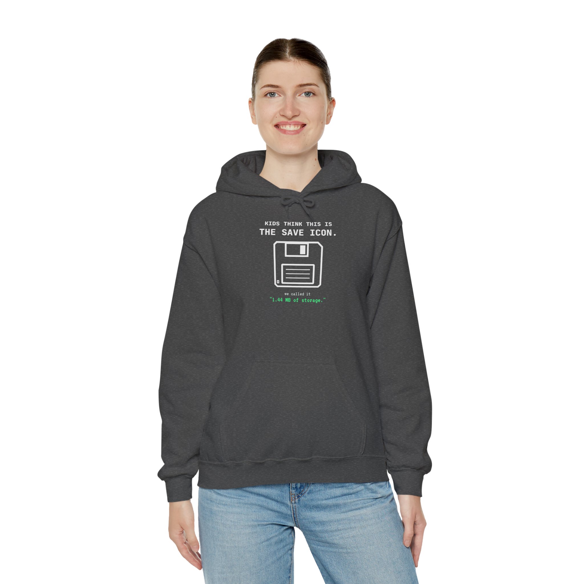 The Original Save Icon hoodie in Dark Heather, worn by a model, third view