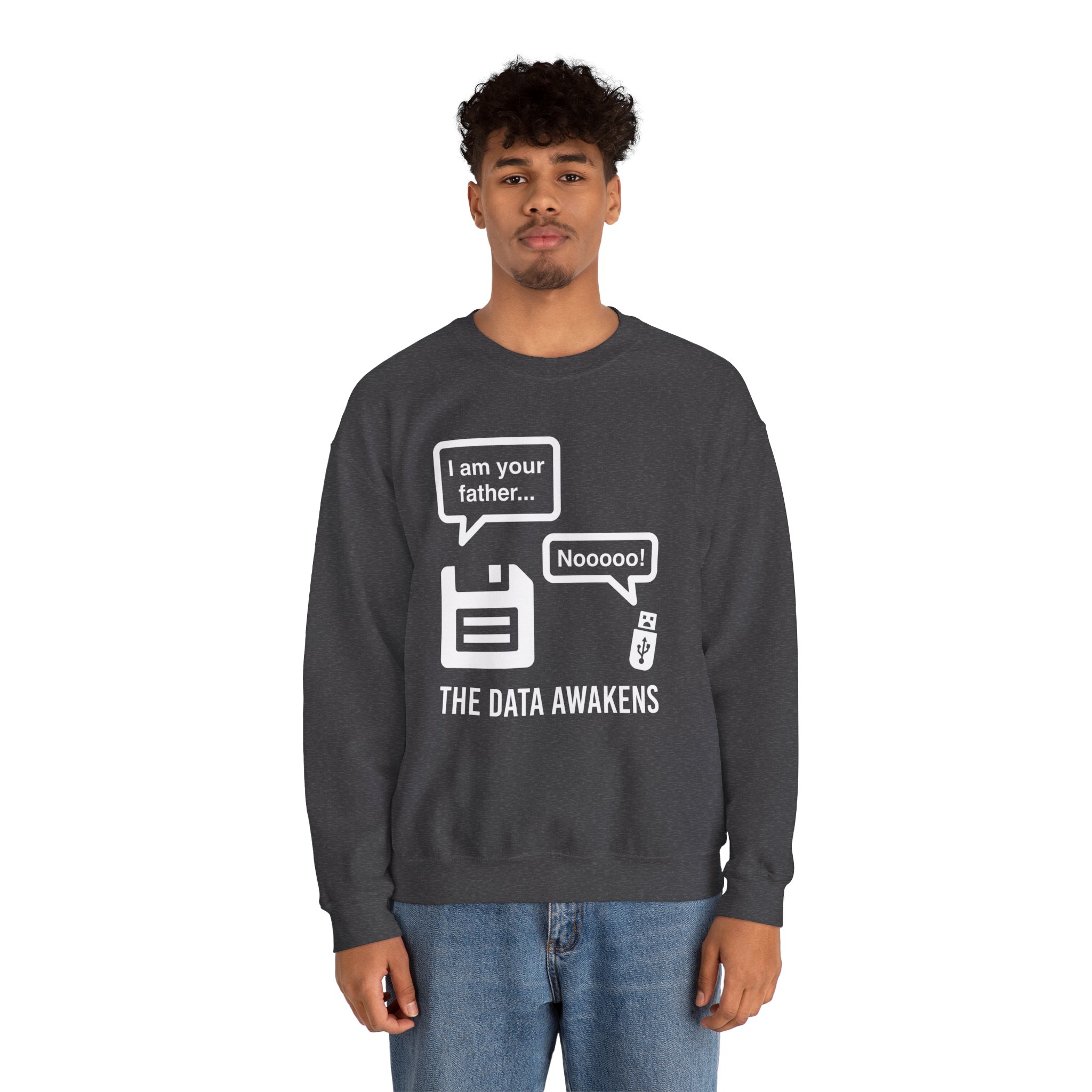 The Data Awakens crewneck sweatshirt in Dark Heather, worn by a model, second view