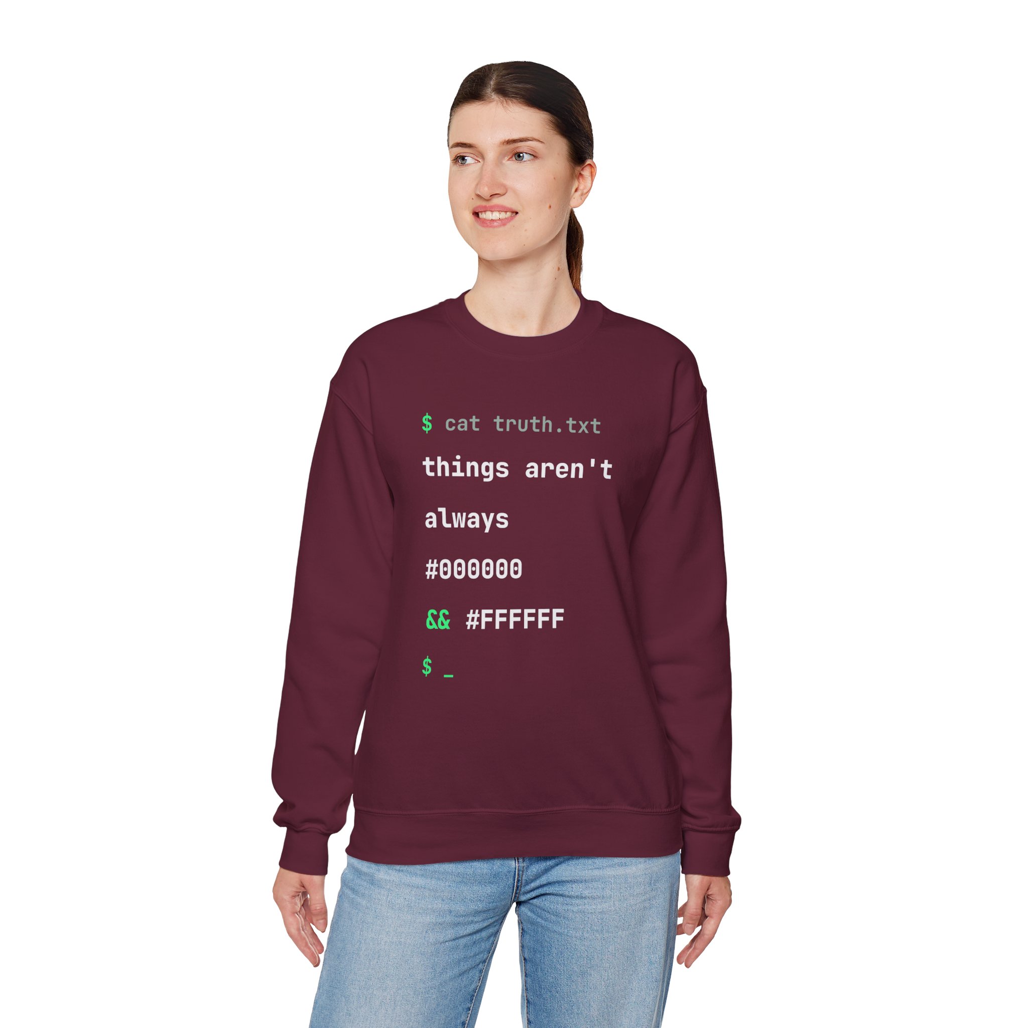 cat truth.txt crewneck sweatshirt in Maroon, worn by a model, fourth view