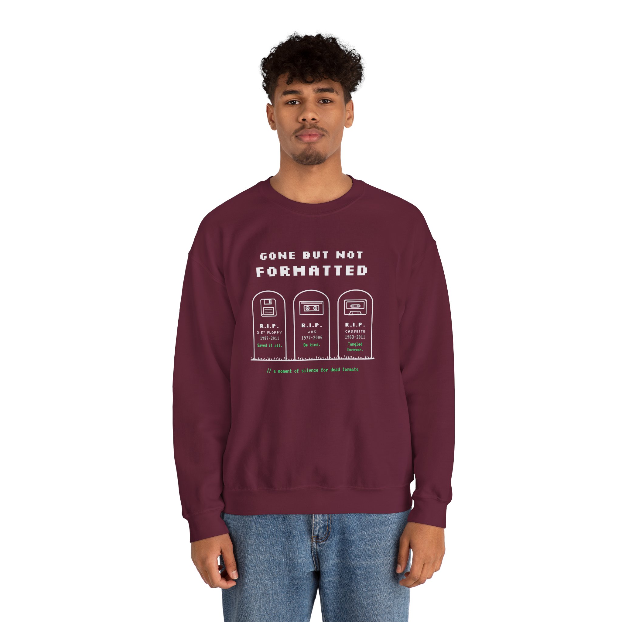 Gone But Not Formatted crewneck sweatshirt in Maroon, worn by a model, second view