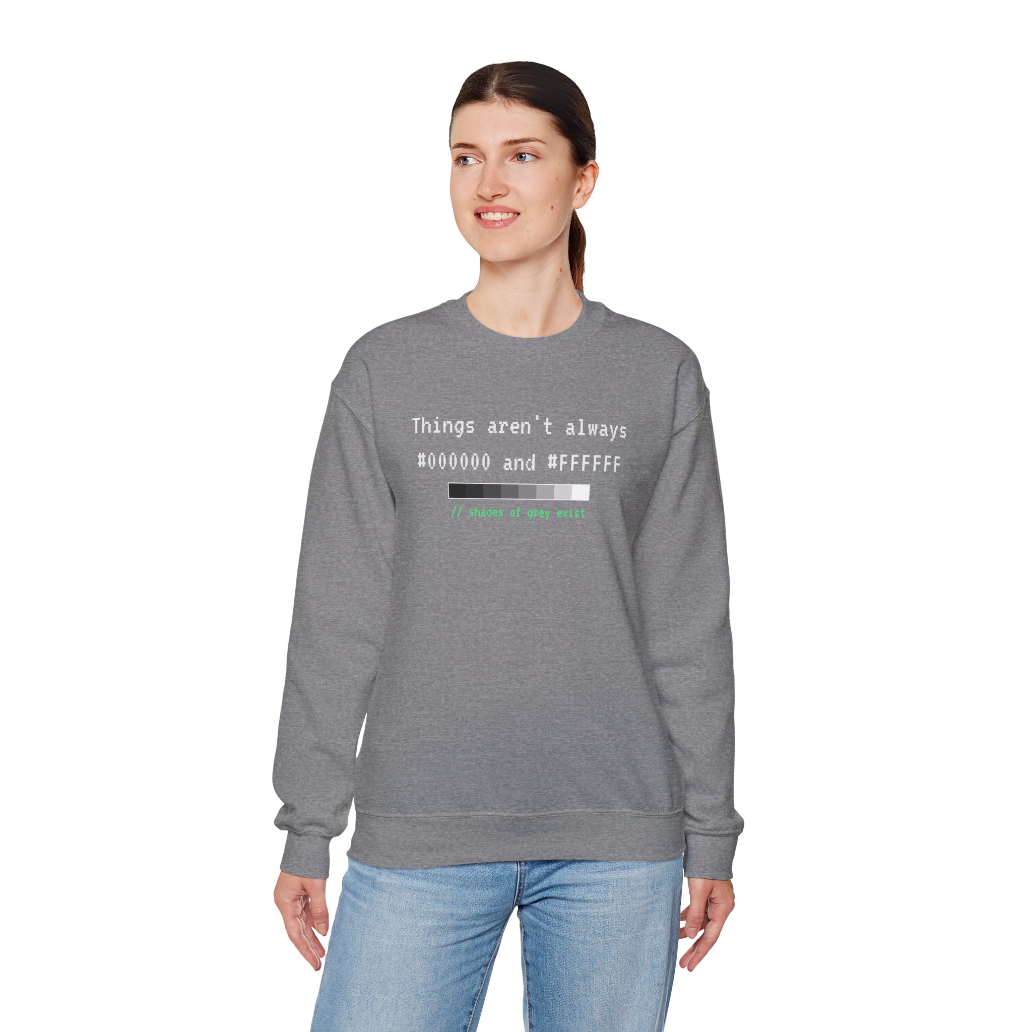 Shades of Grey Exist crewneck sweatshirt in Graphite Heather, worn by a model, fourth view
