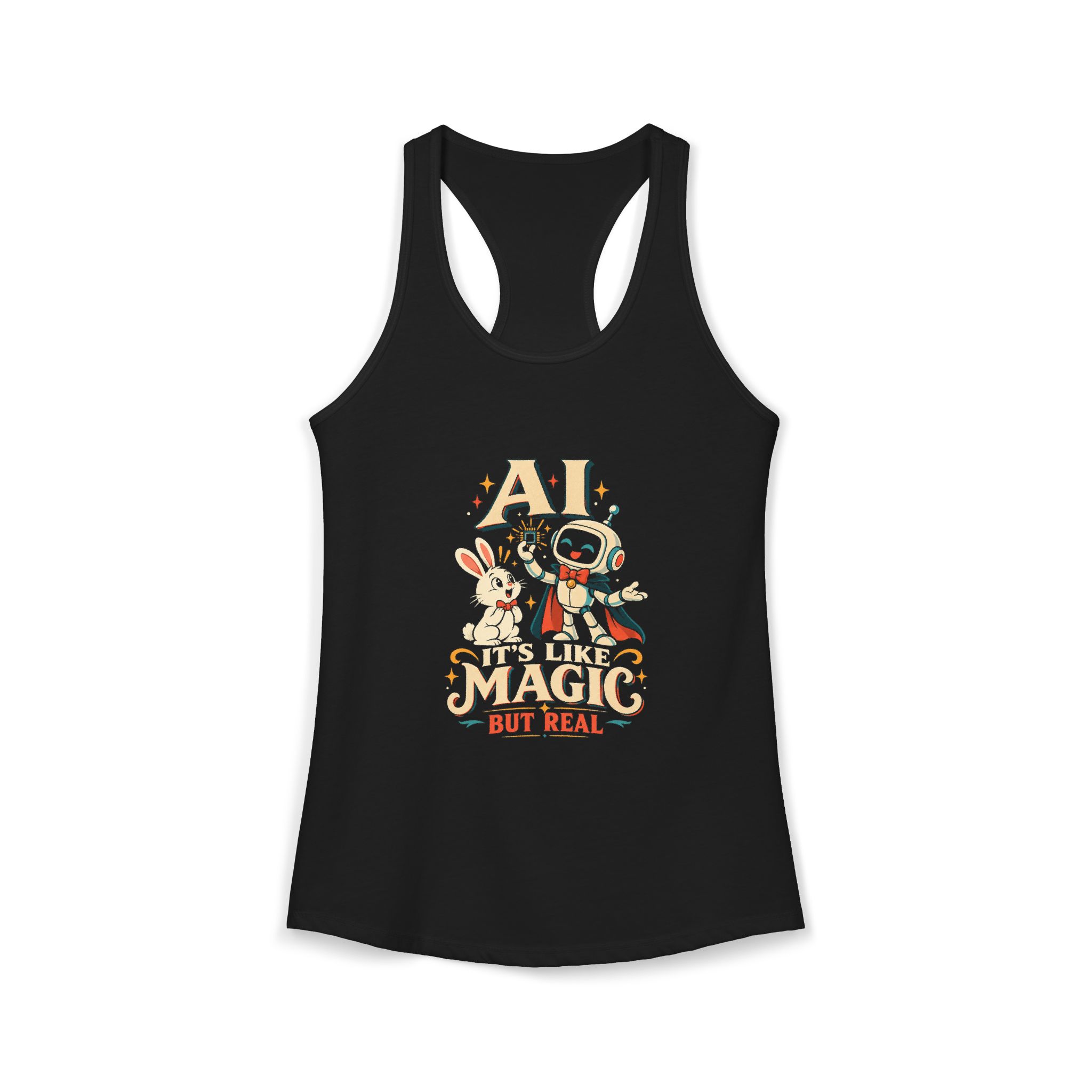 AI Magic Bunny women's racerback tank in Solid Black, front 2
