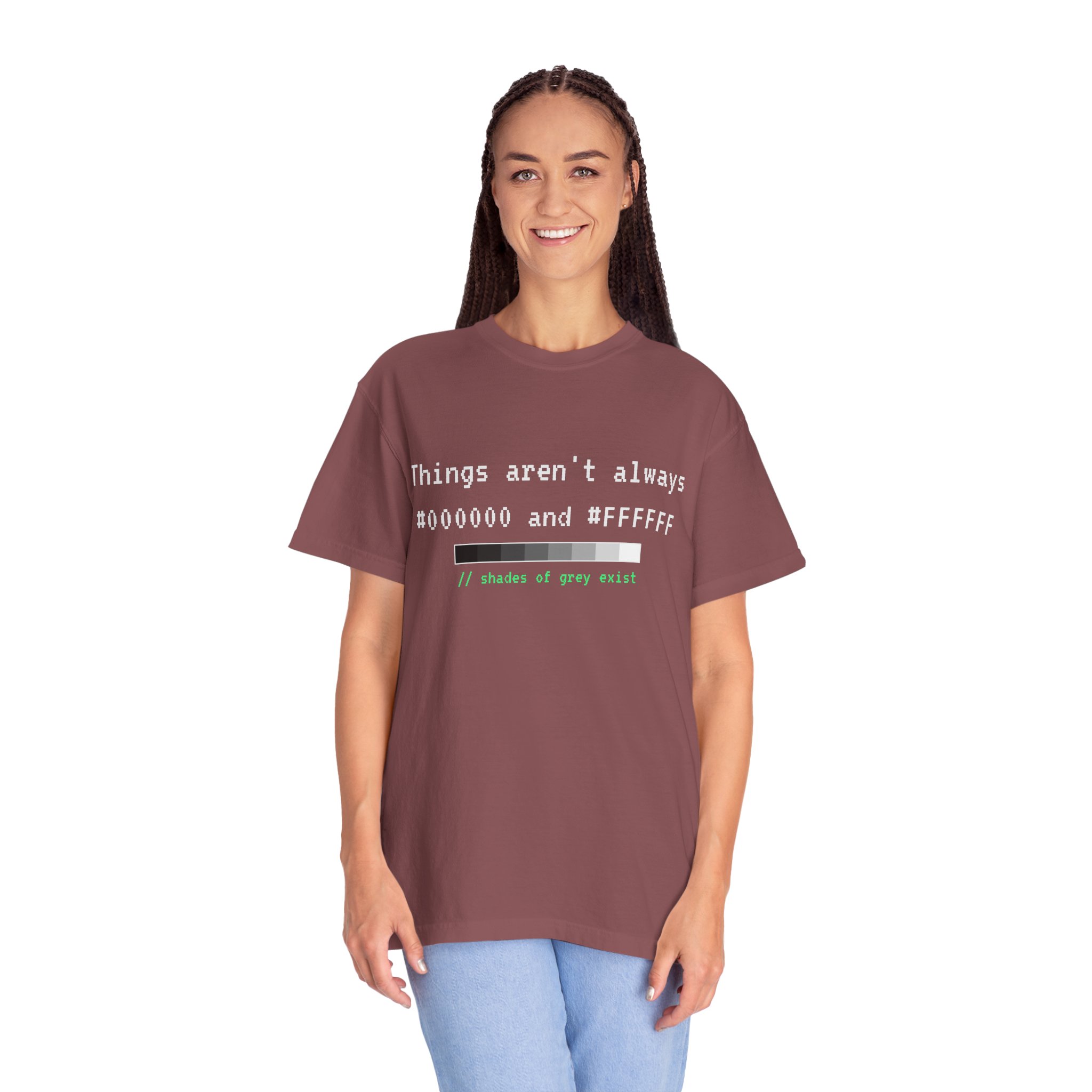 Shades of Grey Exist T-shirt in Brick, worn by a woman