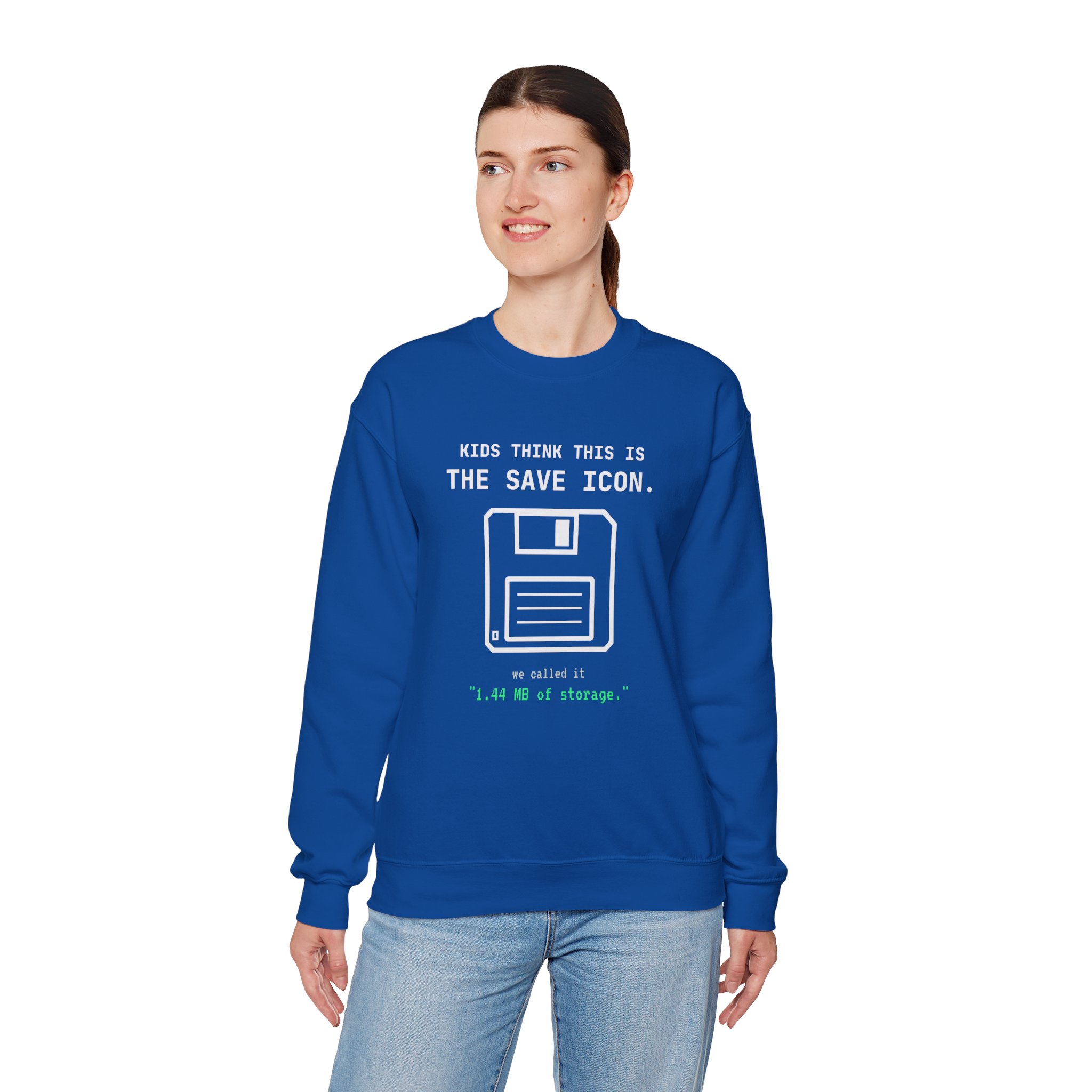 The Original Save Icon crewneck sweatshirt in Royal, worn by a model, fourth view
