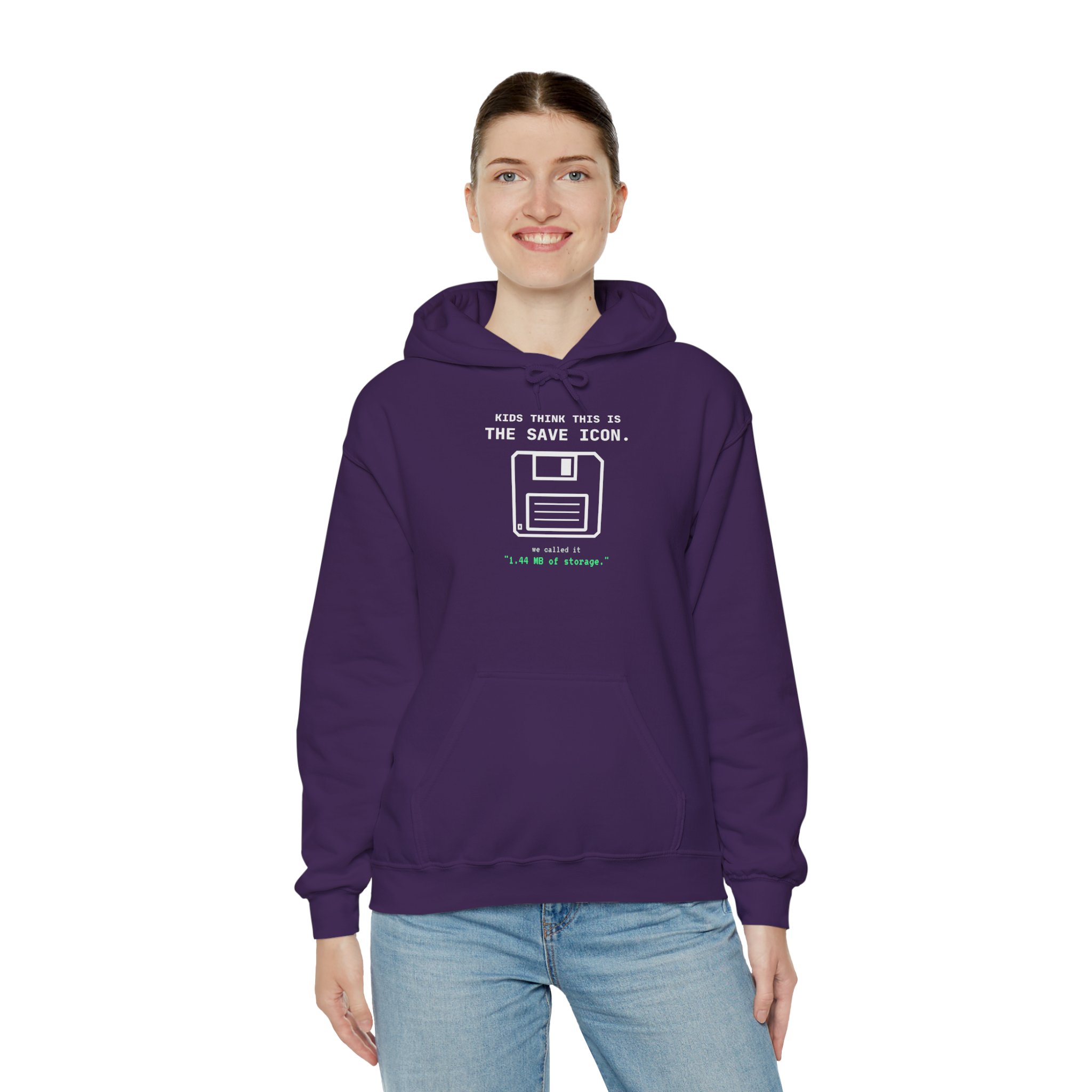 The Original Save Icon hoodie in Purple, worn by a model, third view