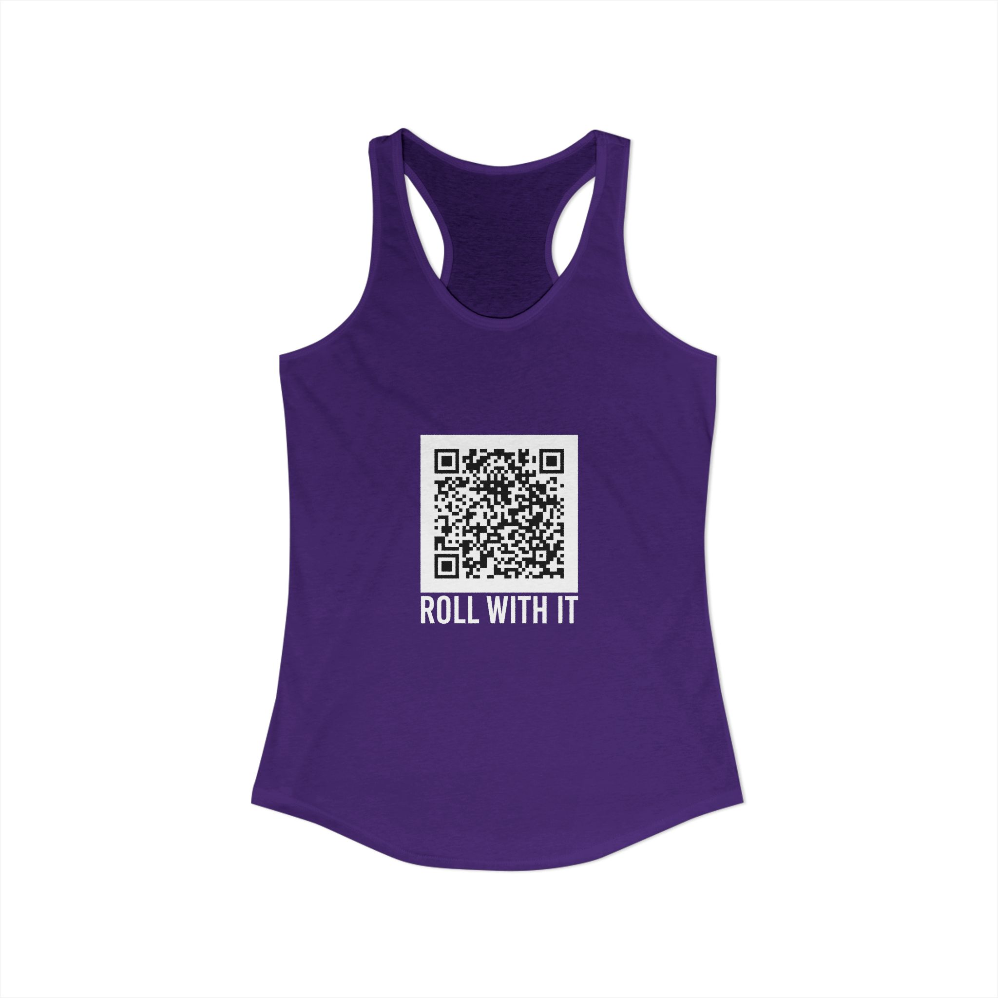 Roll With It QR Code women's racerback tank in Solid Purple Rush, front view