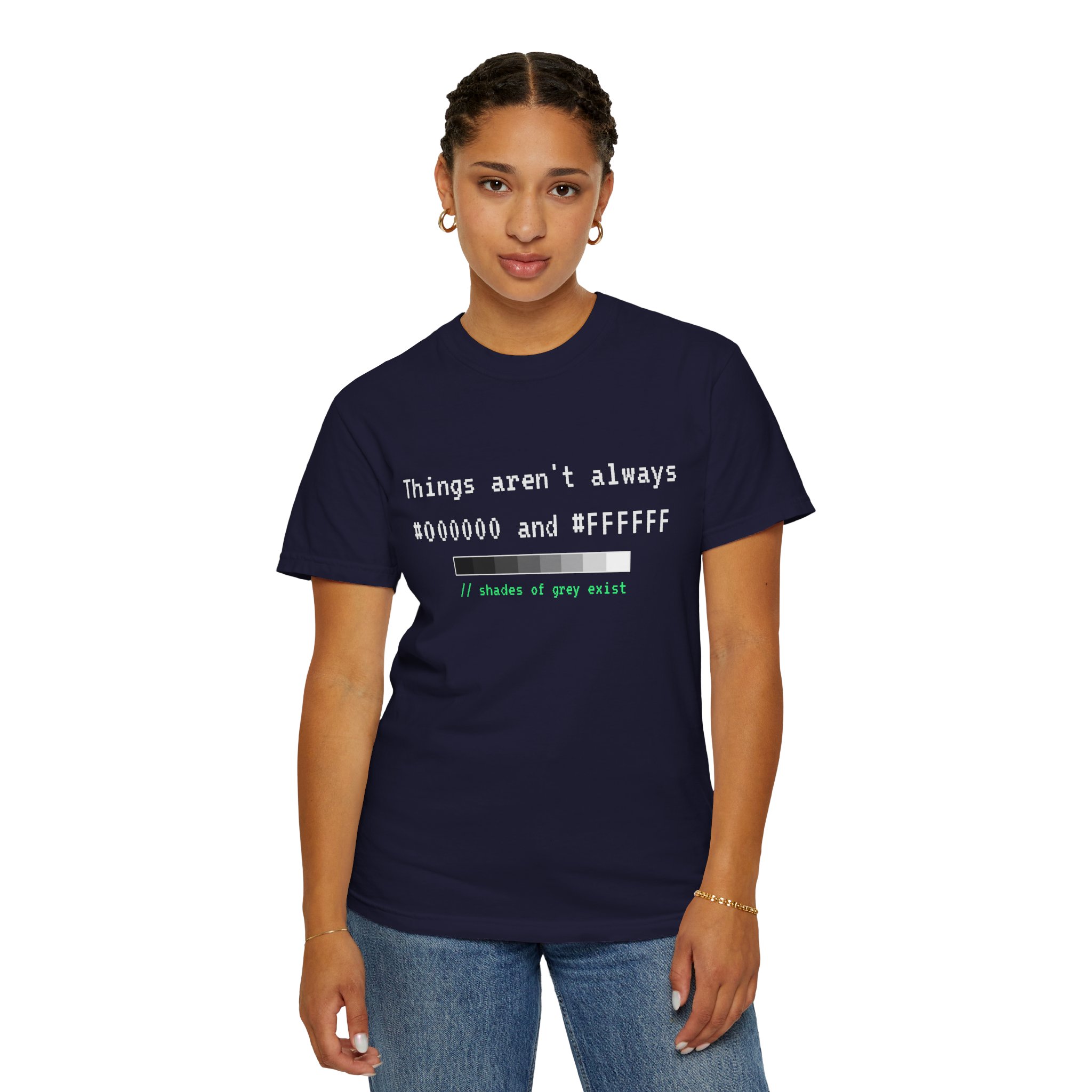 Shades of Grey Exist T-shirt in True Navy, worn by a woman, second model