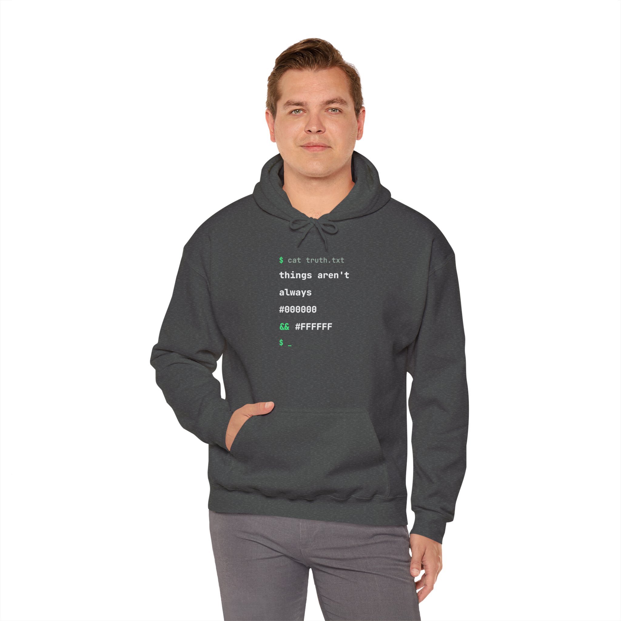 cat truth.txt hoodie in Dark Heather, worn by a model, fourth view