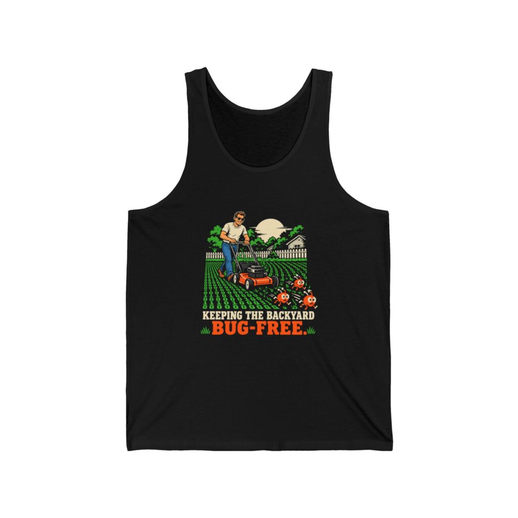 Bug-Free Backyard unisex tank in Black, front view