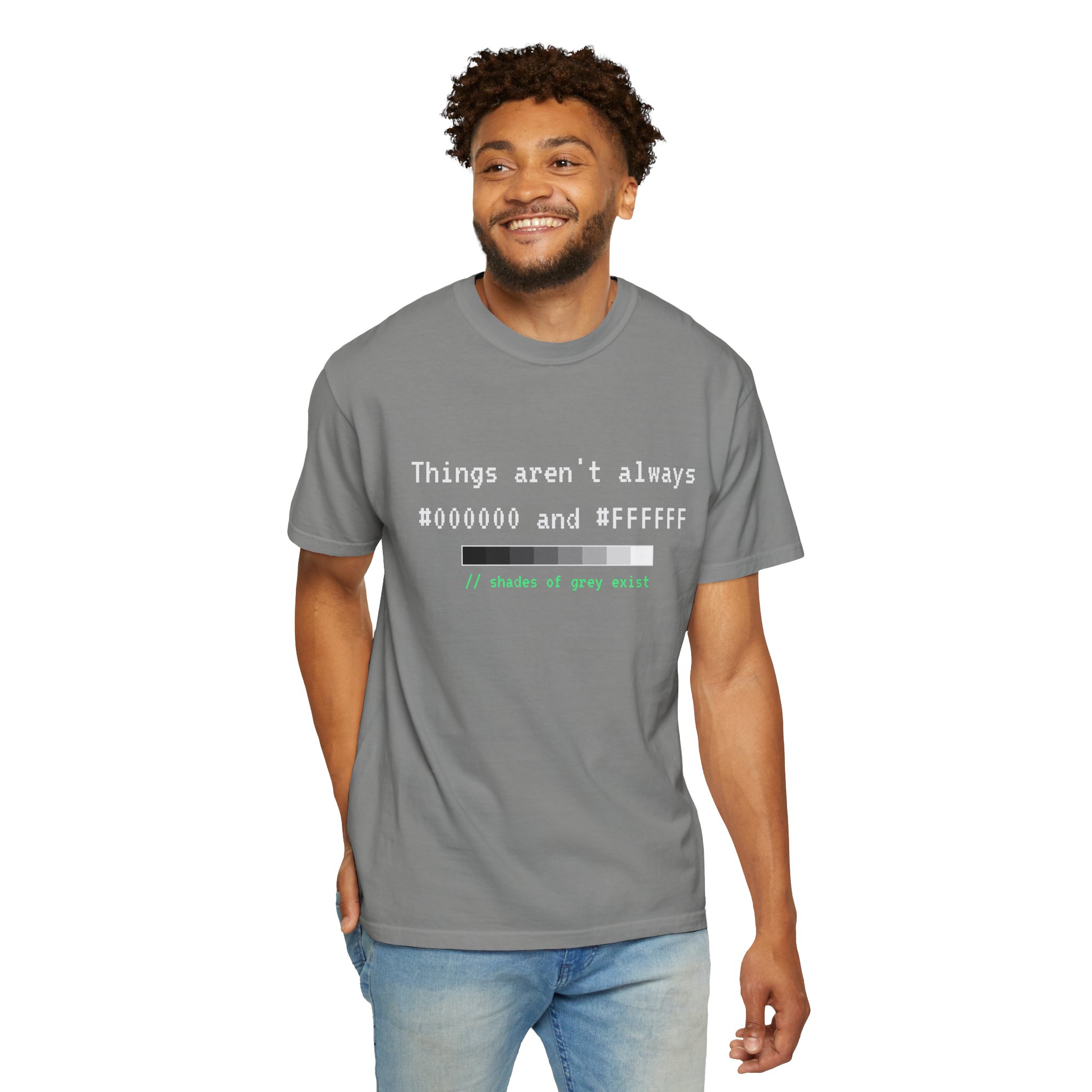Shades of Grey Exist T-shirt in Granite, worn by a man, second model