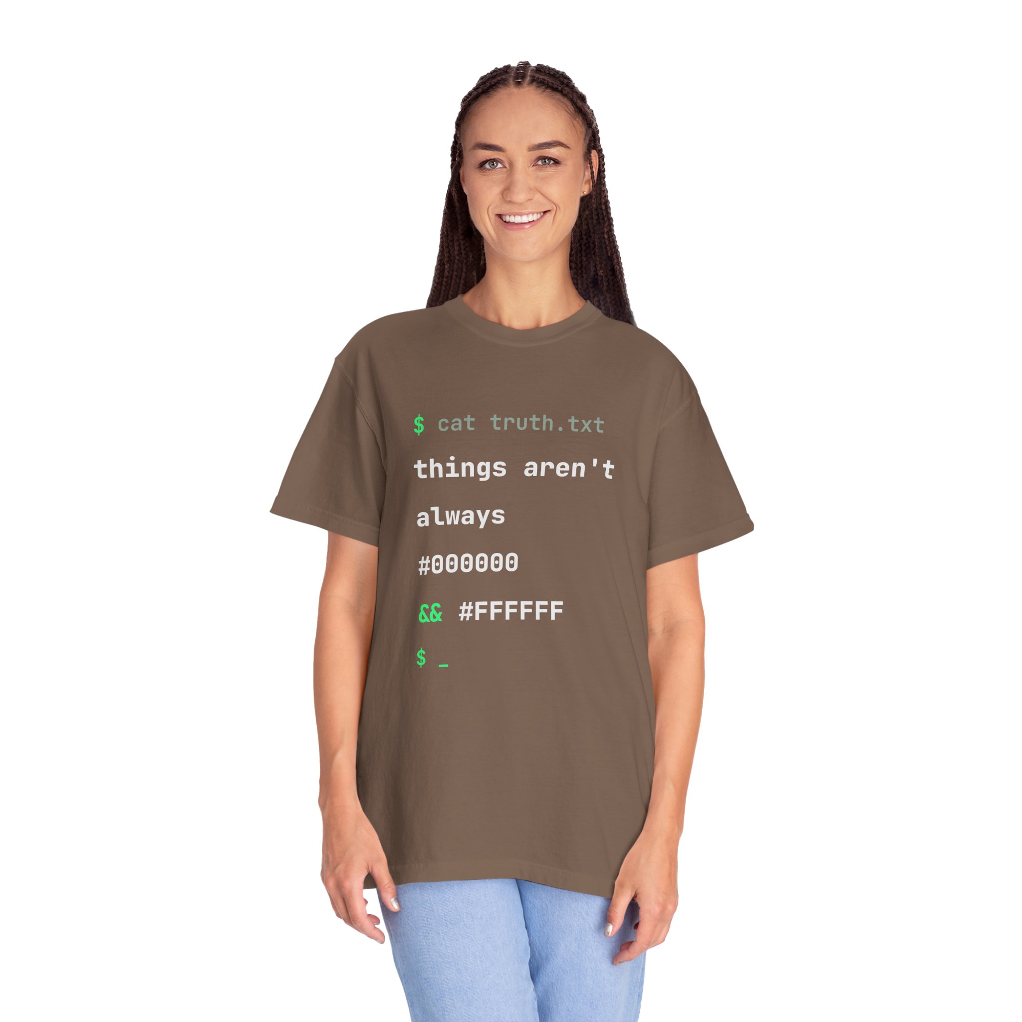cat truth.txt T-shirt in Espresso, worn by a woman