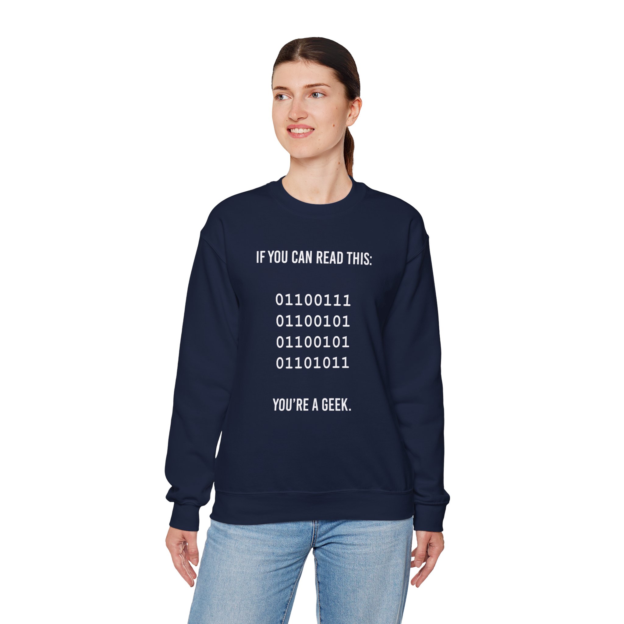 Geek Binary Code crewneck sweatshirt in Navy, worn by a model, fourth view