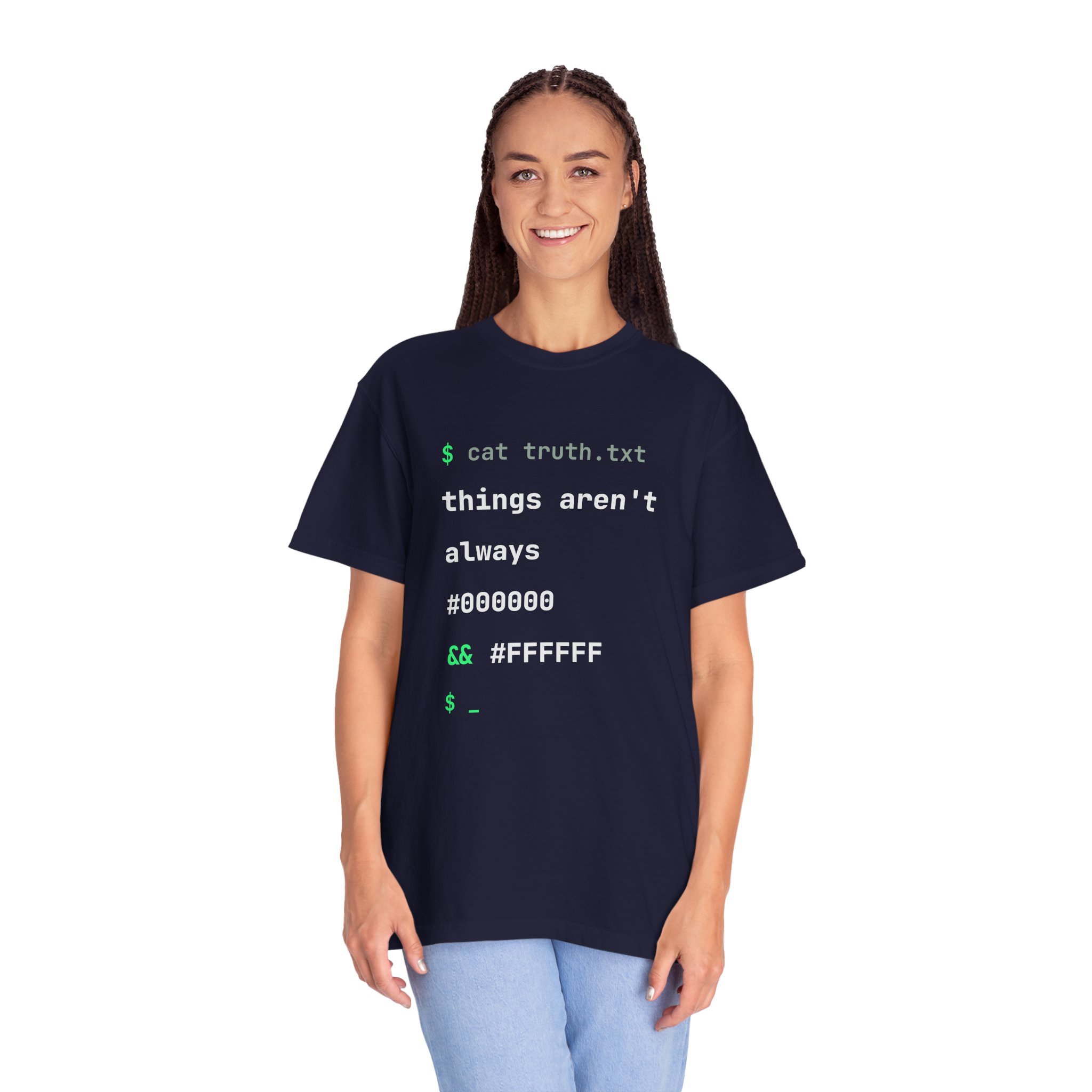 cat truth.txt T-shirt in True Navy, worn by a woman
