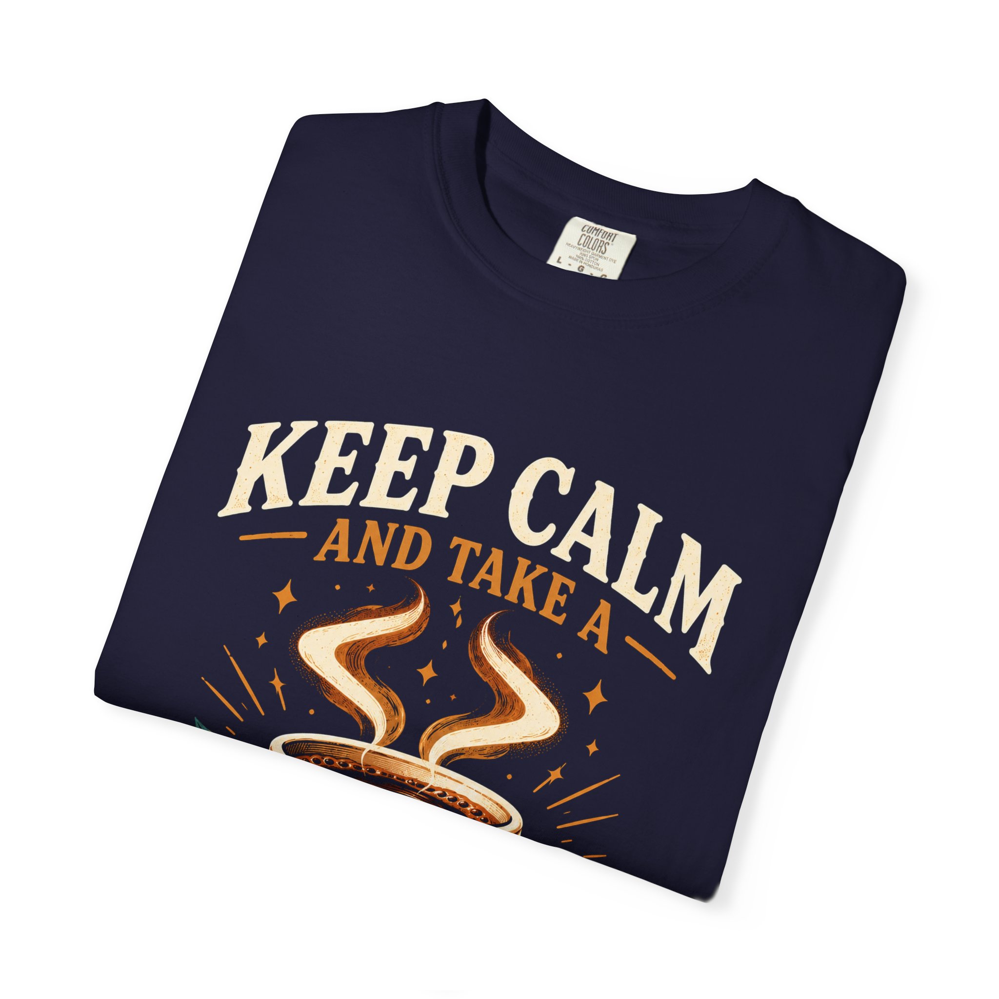 Keep Calm Coffee Break T-shirt in True Navy, folded
