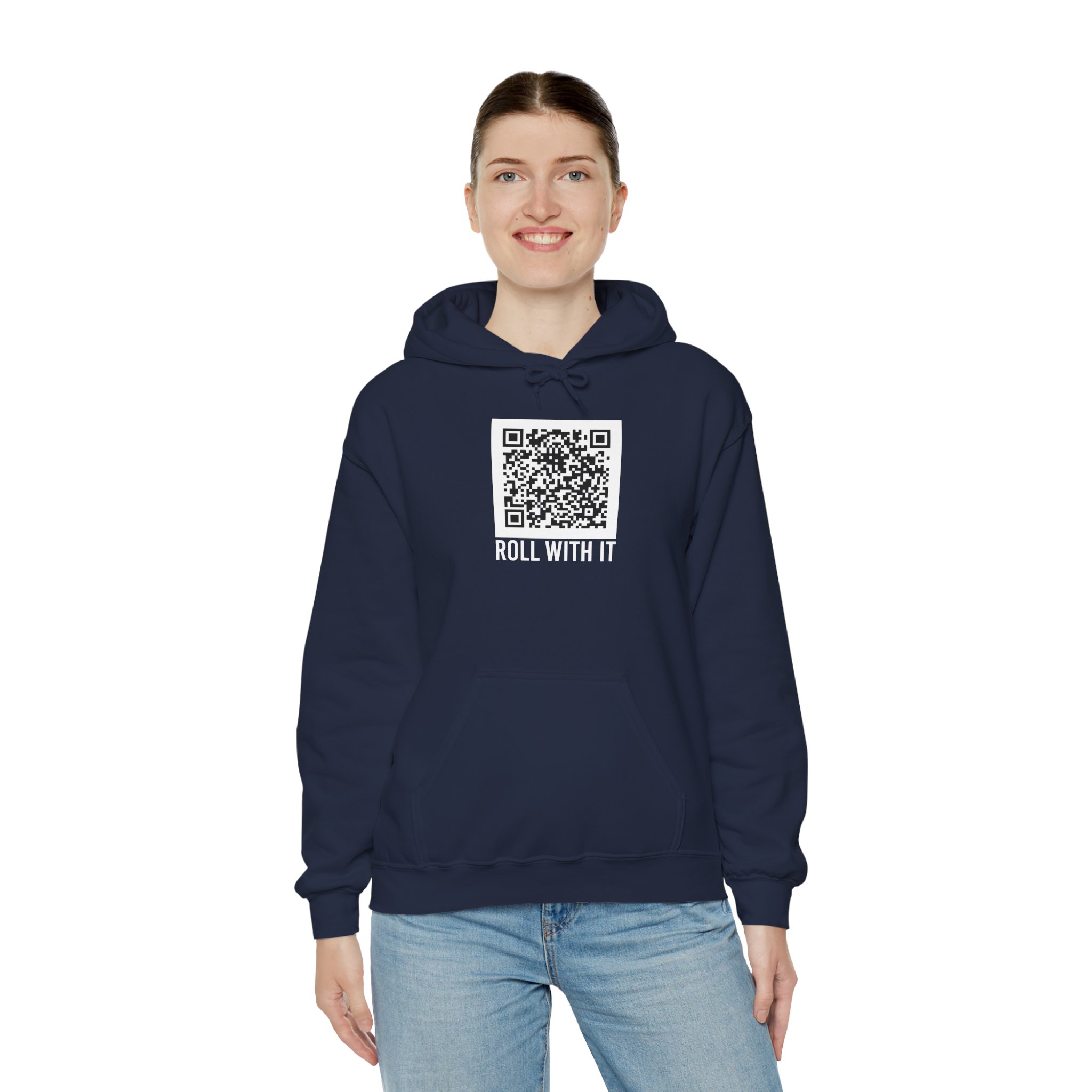 Roll With It QR Code hoodie in Navy, worn by a model, third view