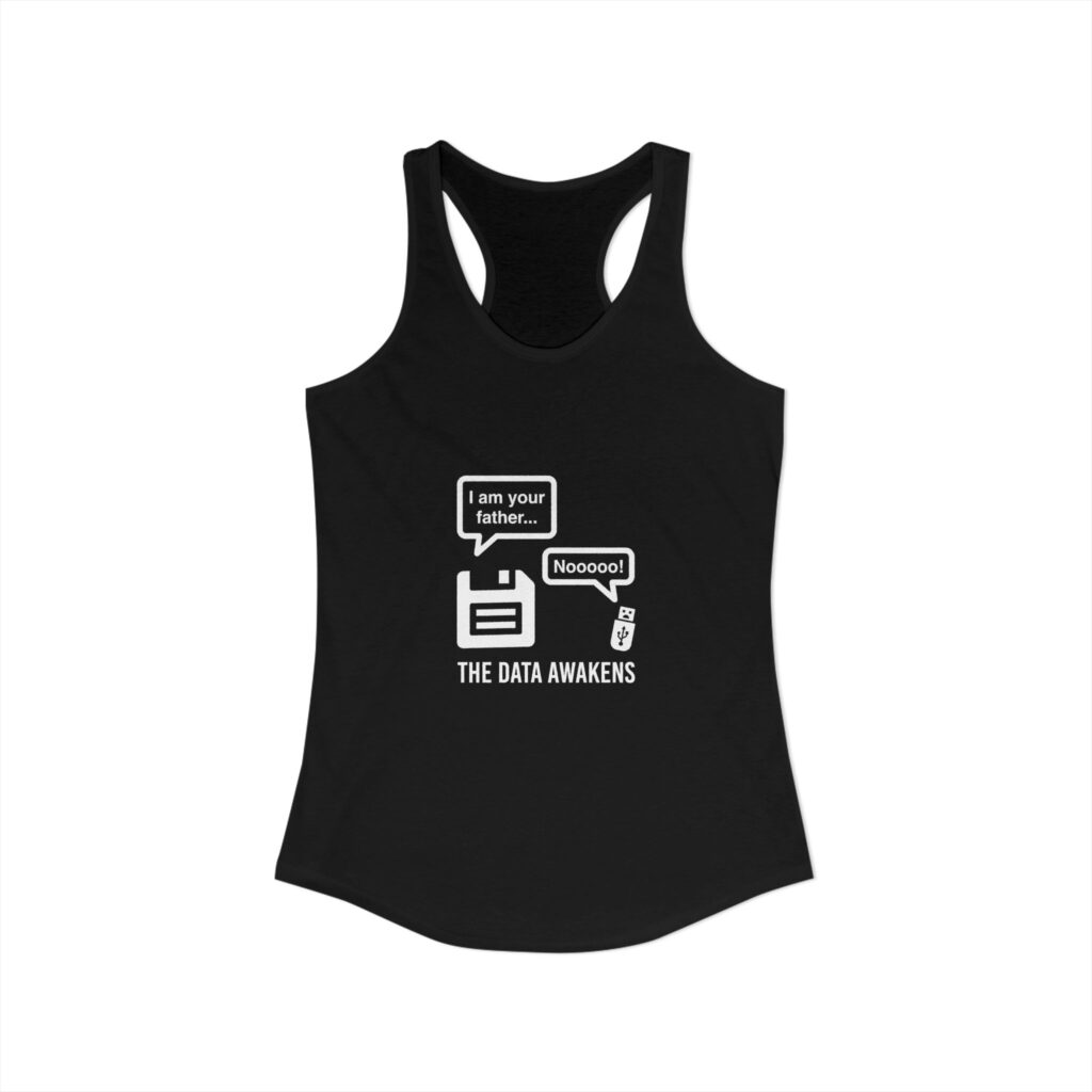 The Data Awakens women's racerback tank in Solid Black, front view