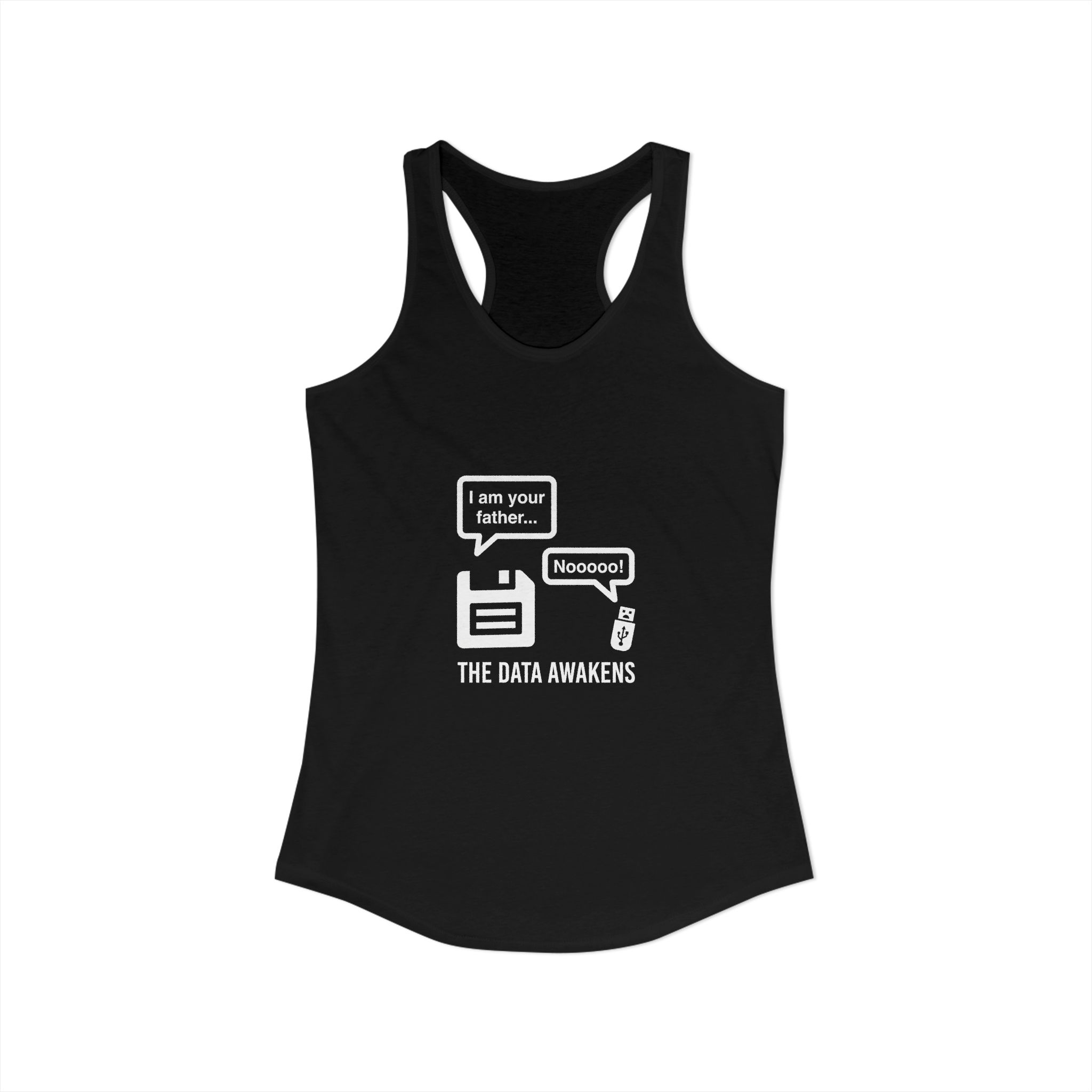 The Data Awakens women's racerback tank in Solid Black, front view