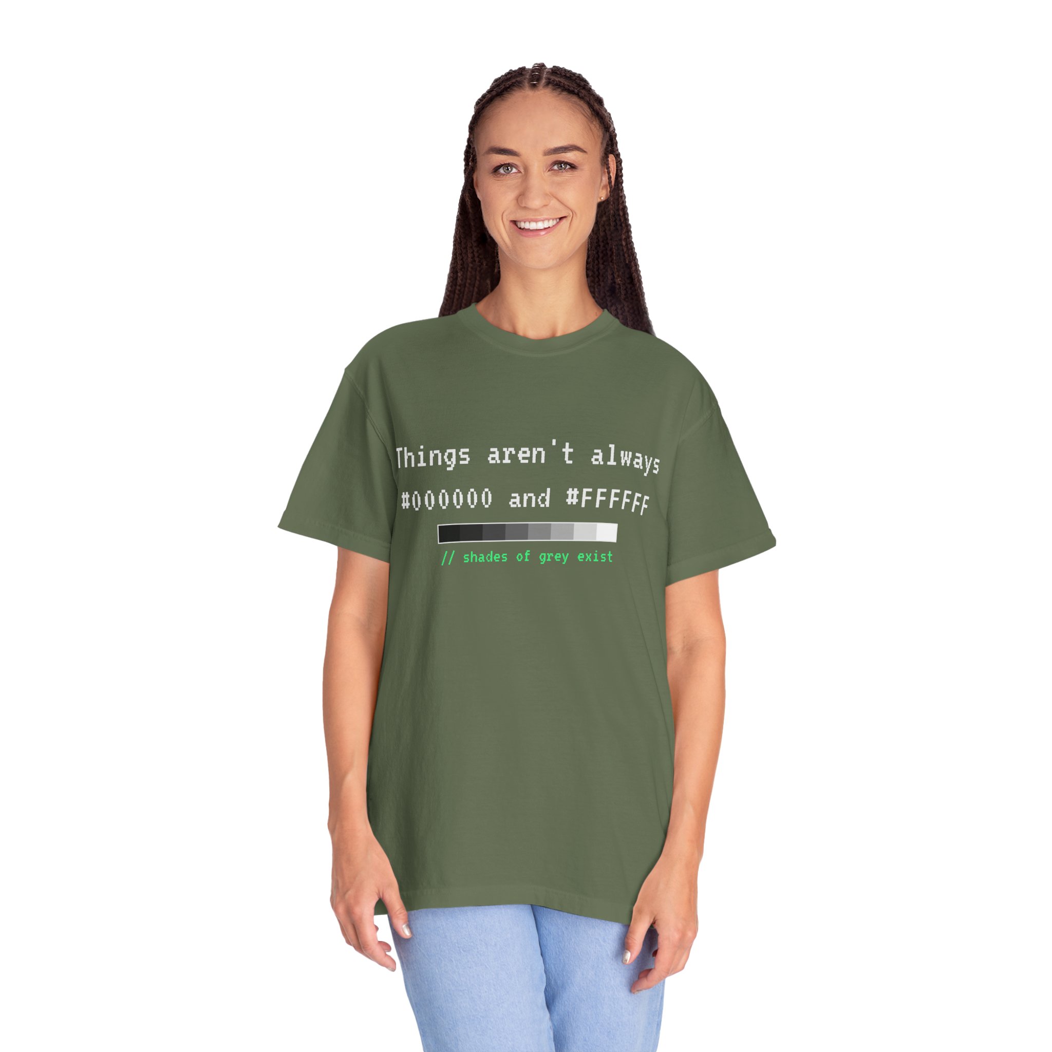 Shades of Grey Exist T-shirt in Sage, worn by a woman