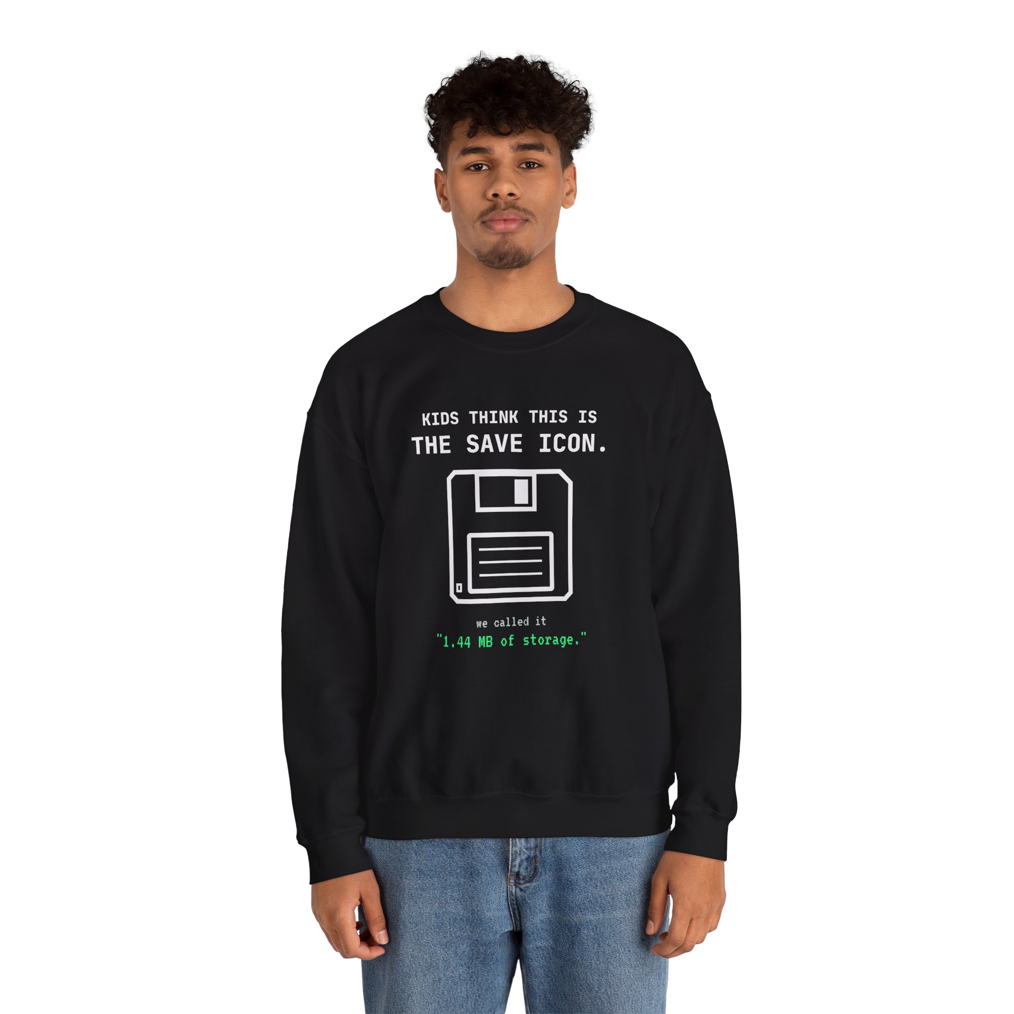 The Original Save Icon crewneck sweatshirt in Black, worn by a model, second view