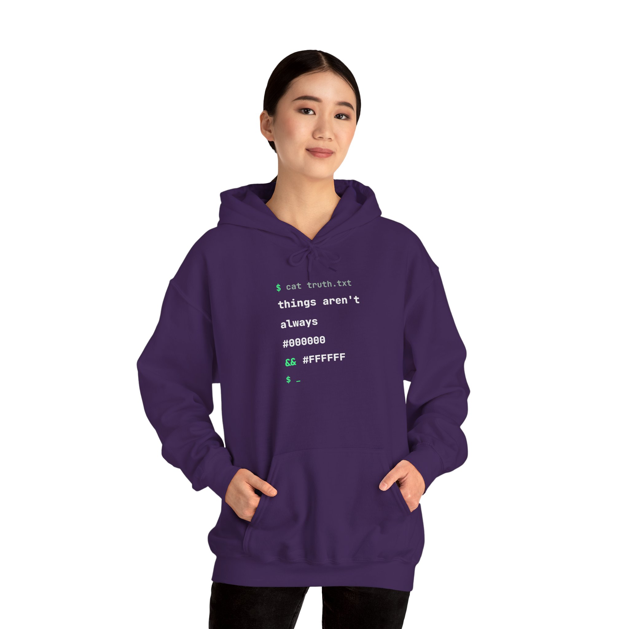 cat truth.txt hoodie in Purple, worn by a model