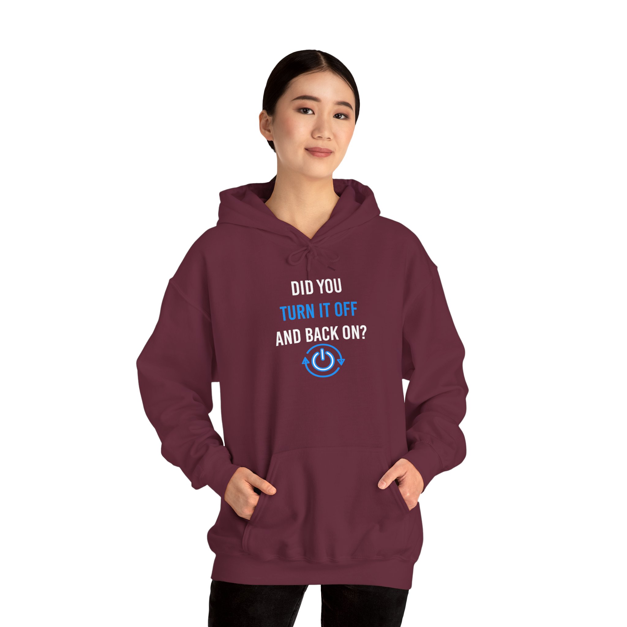 Did You Turn It Off and Back On? hoodie in Maroon, worn by a model
