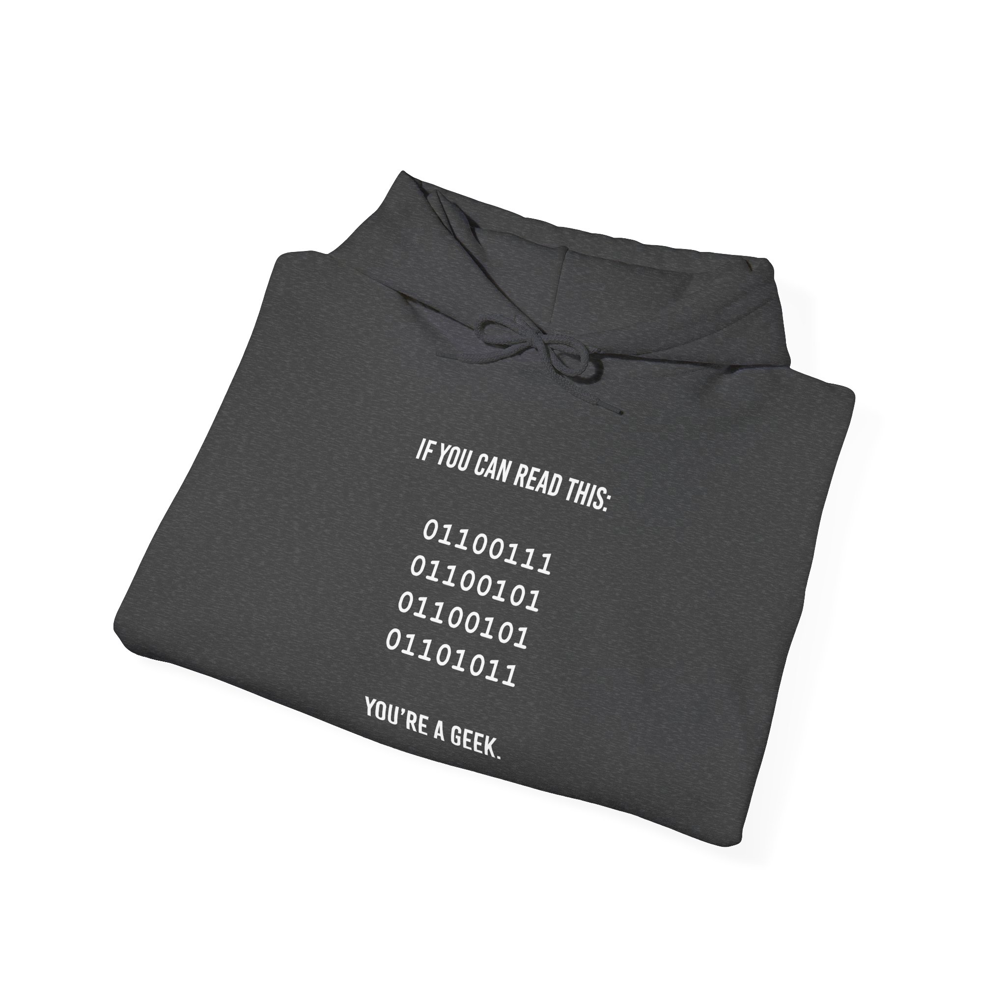 Geek Binary Code hoodie in Dark Heather, folded