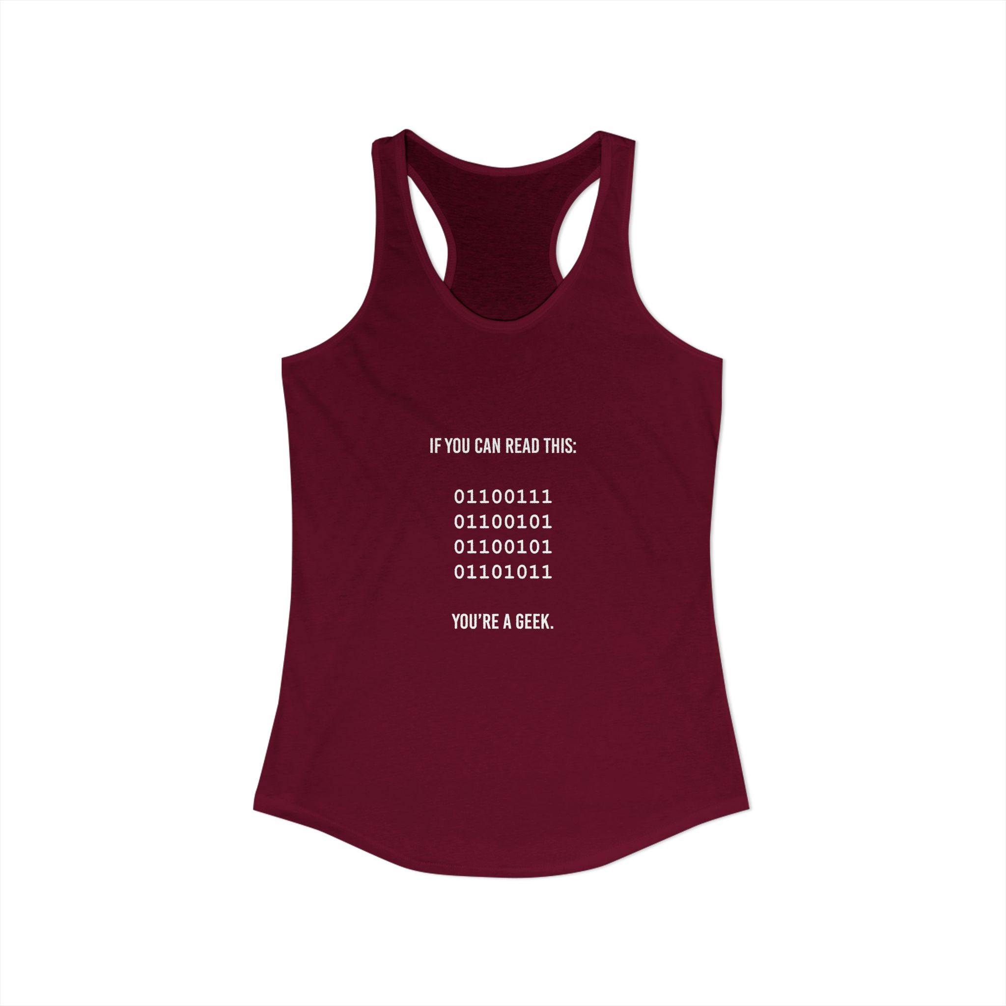 Geek Binary Code women's racerback tank in Solid Cardinal Red, front view