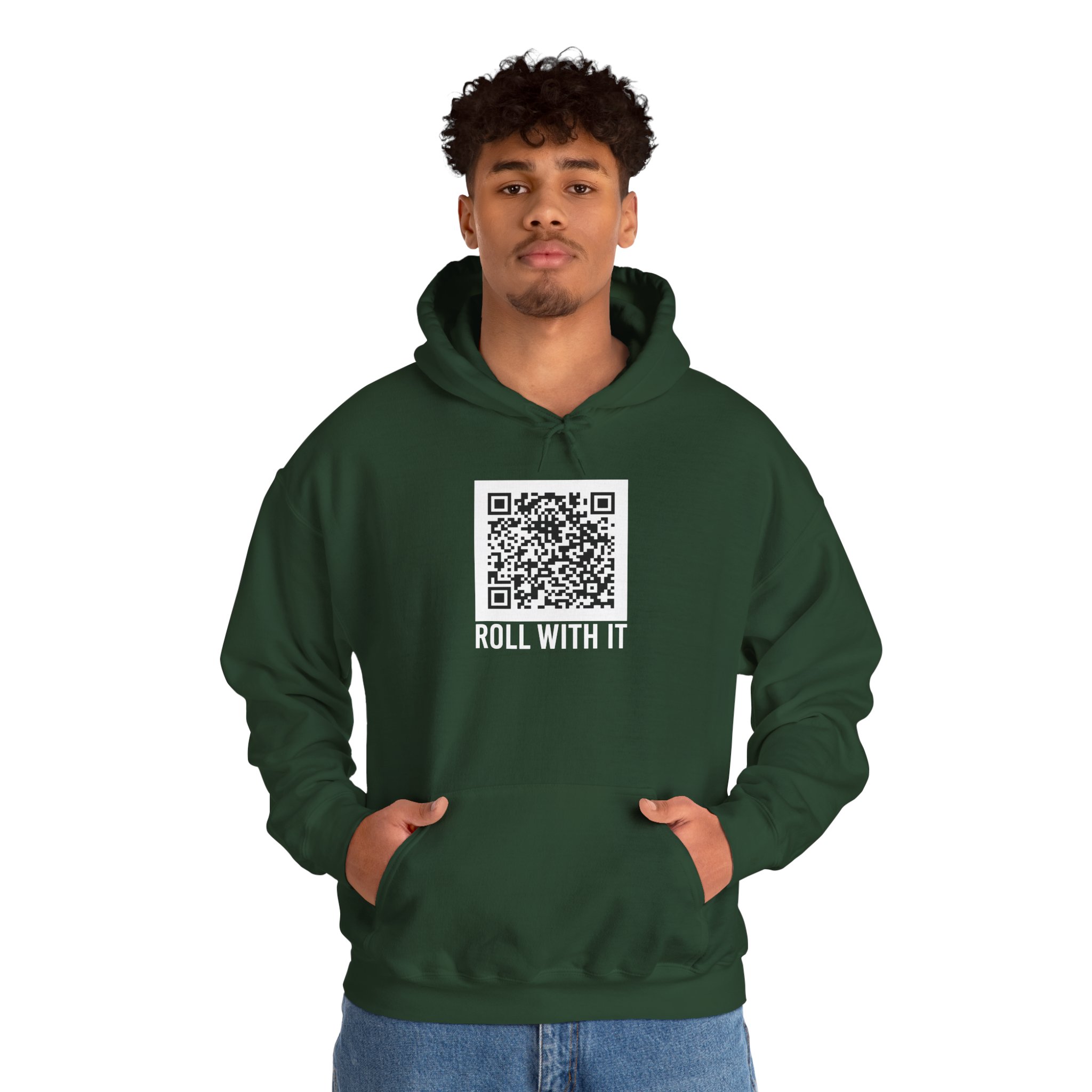 Roll With It QR Code hoodie in Forest Green, worn by a model, second view