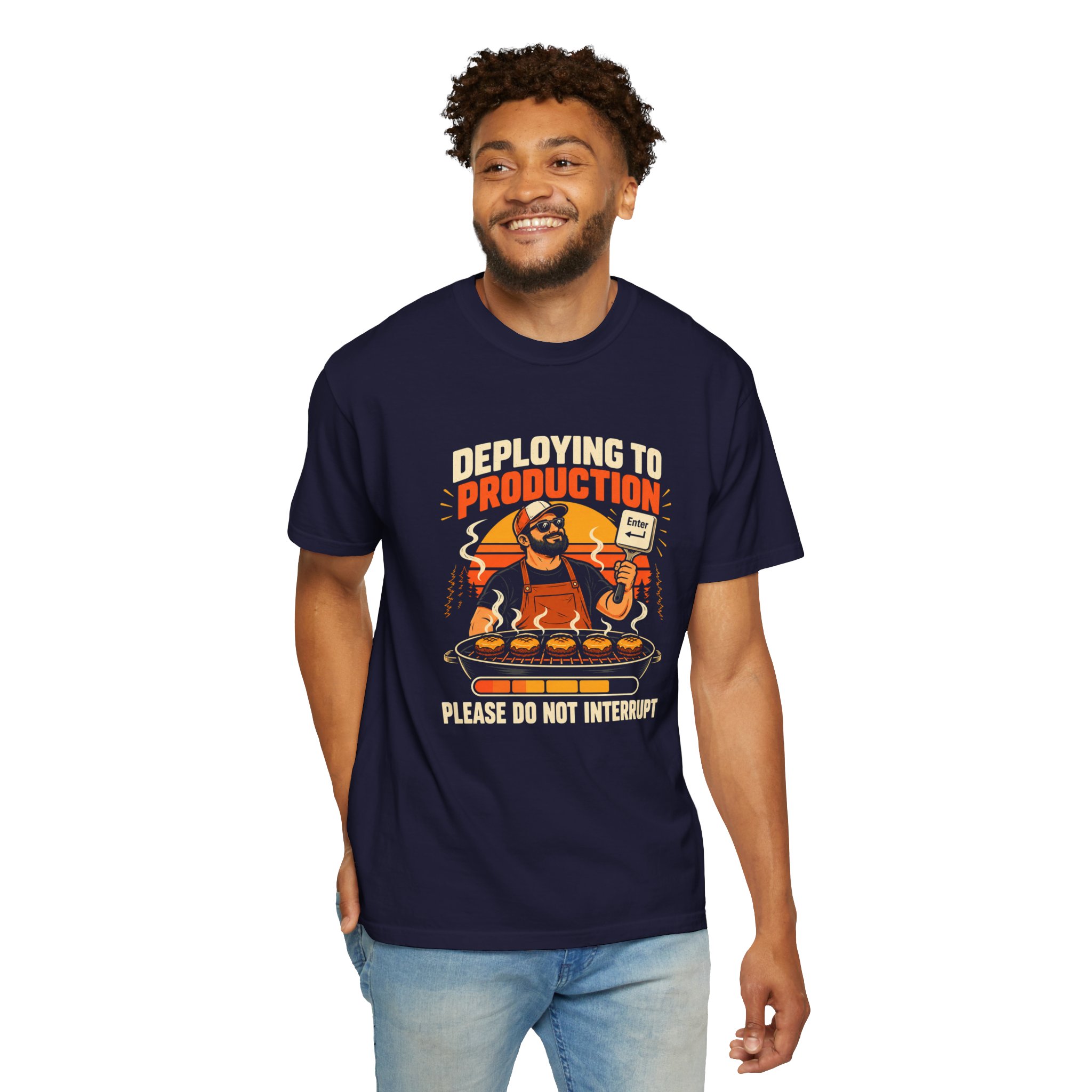 Deploying to Production T-shirt in True Navy, worn by a man, second model