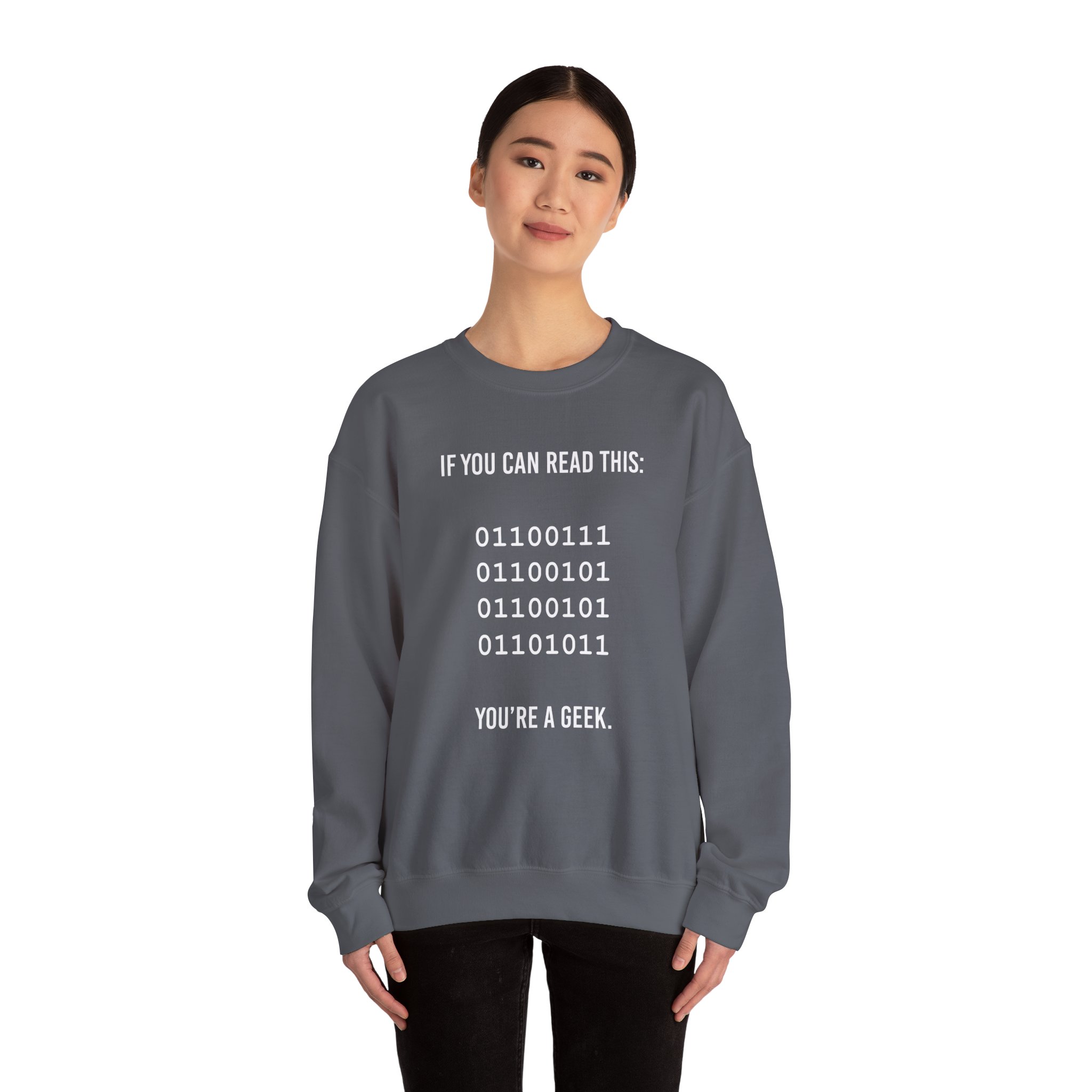 Geek Binary Code crewneck sweatshirt in Charcoal, worn by a model