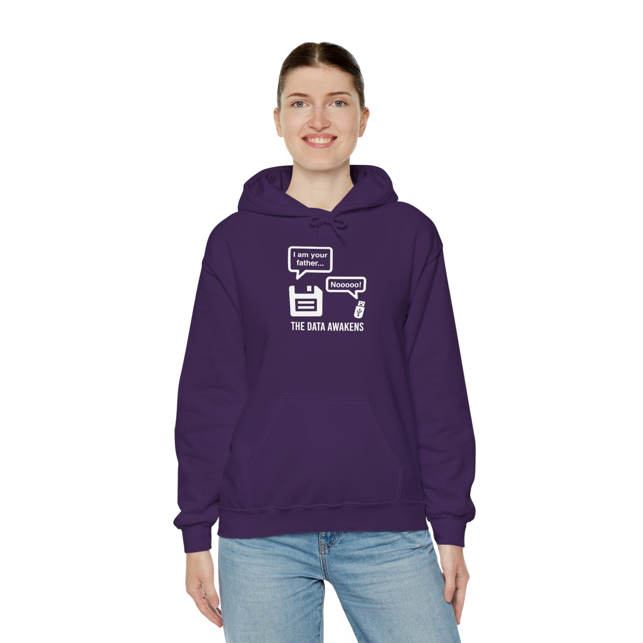 The Data Awakens hoodie in Purple, worn by a model, third view