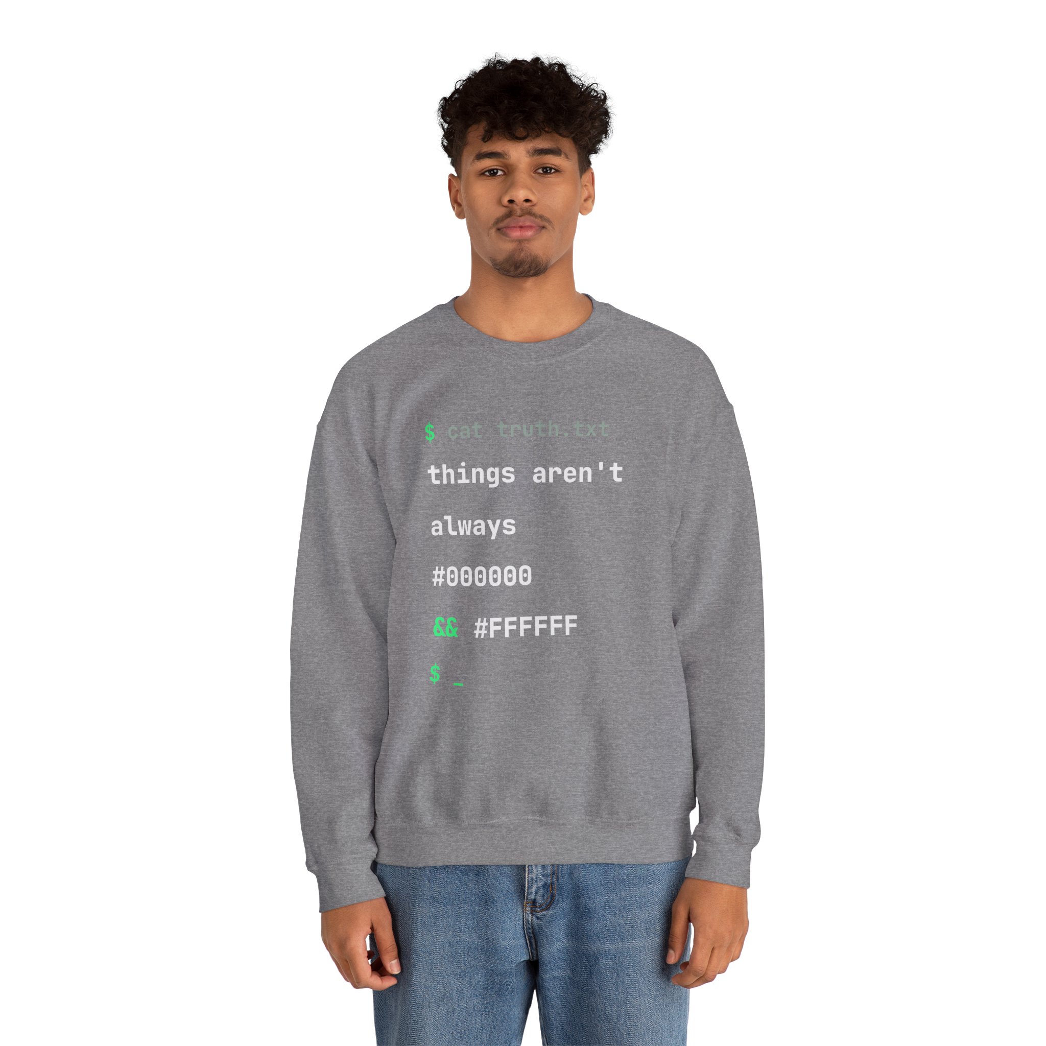 cat truth.txt crewneck sweatshirt in Graphite Heather, worn by a model, second view