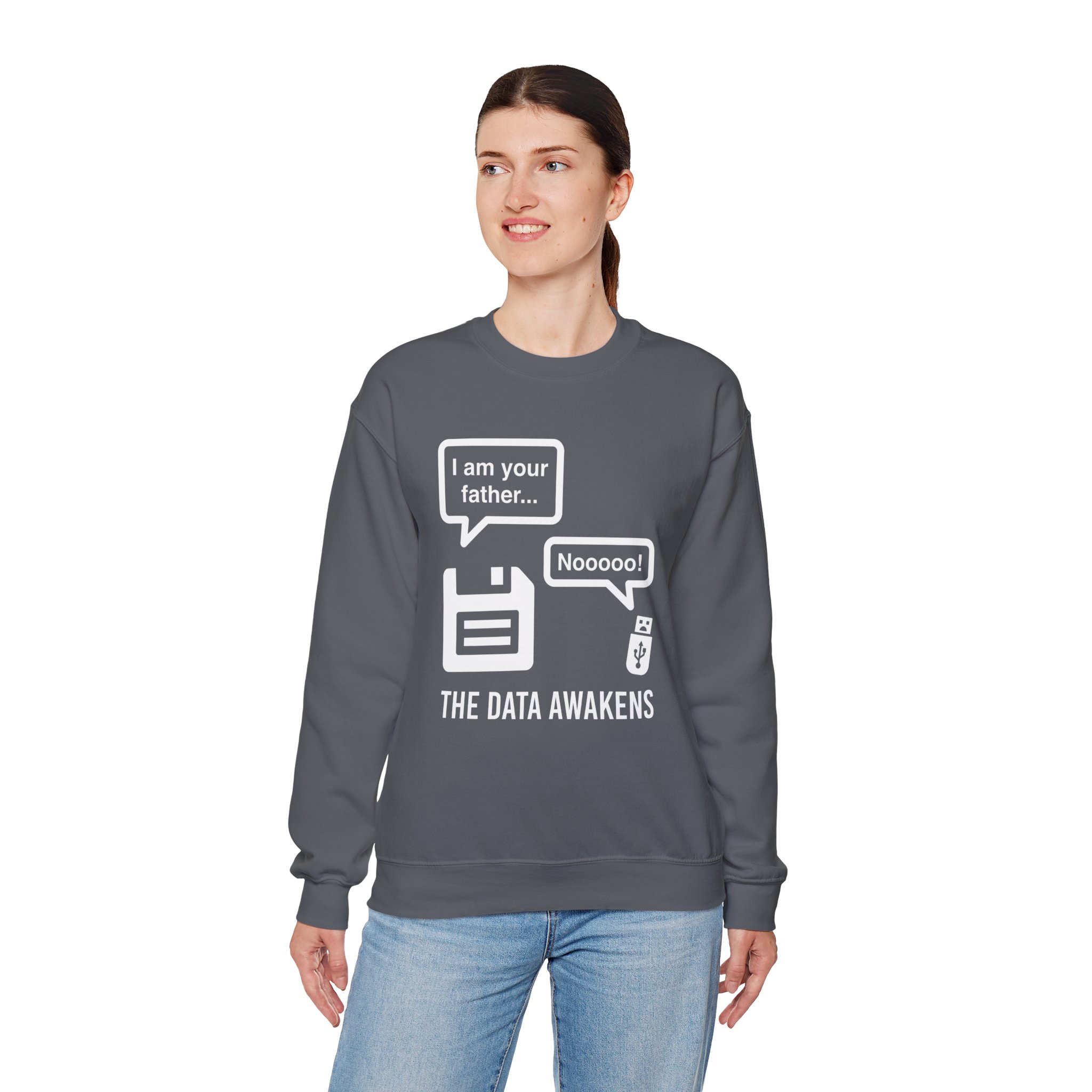 The Data Awakens crewneck sweatshirt in Charcoal, worn by a model, fourth view