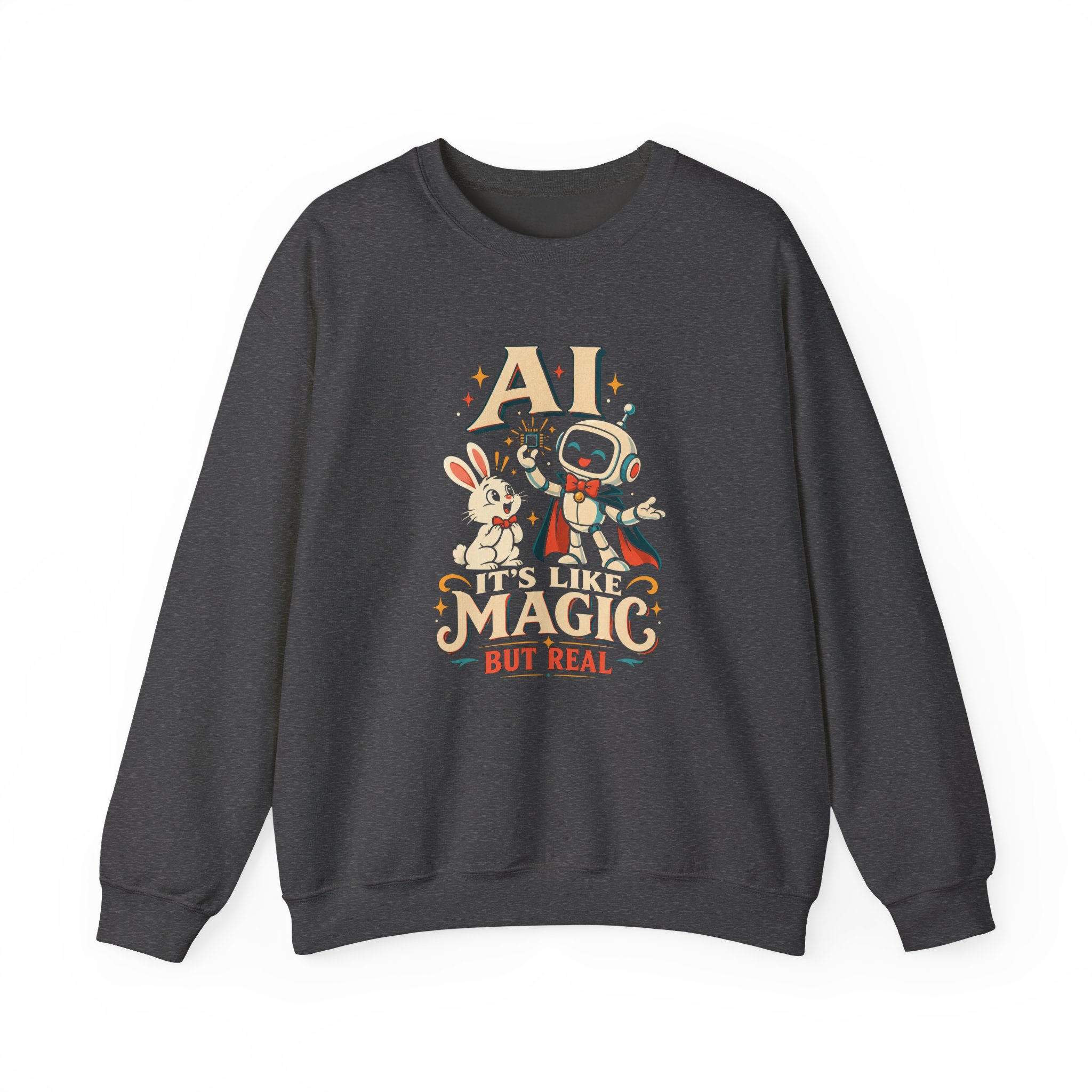 AI Magic Bunny crewneck sweatshirt in Dark Heather, front view