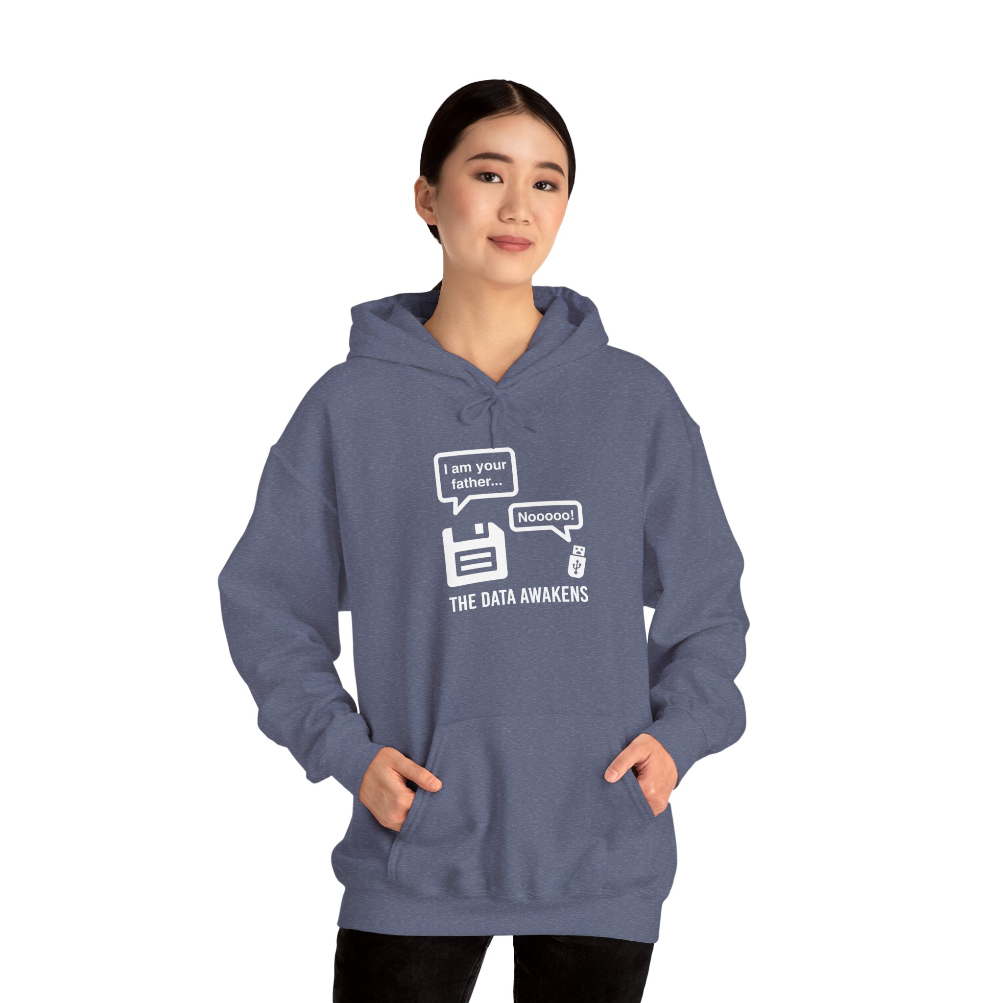 The Data Awakens hoodie in Heather Navy, worn by a model