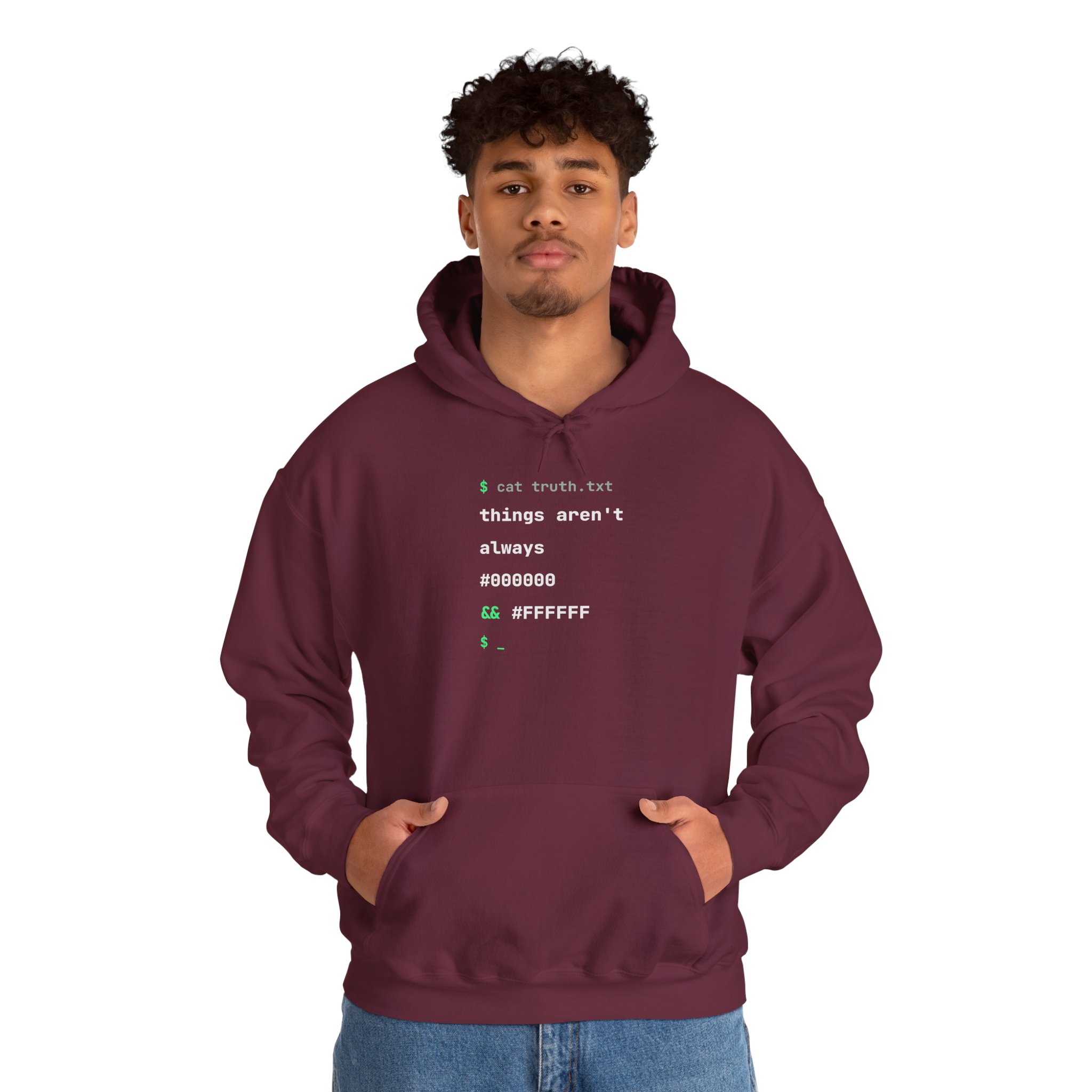 cat truth.txt hoodie in Maroon, worn by a model, second view